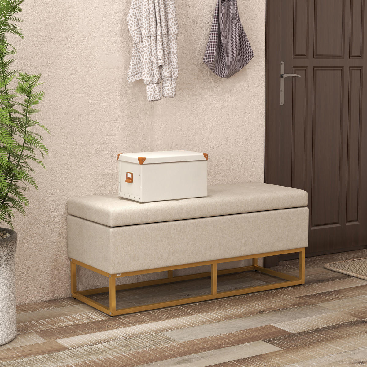 TRUHENBANK DE-16372 gepolstert mit Knopfheftung und Gold-Stahlbeinen Beige/Gold - Beige, Textil (110/48/44cm) - ComfortXL