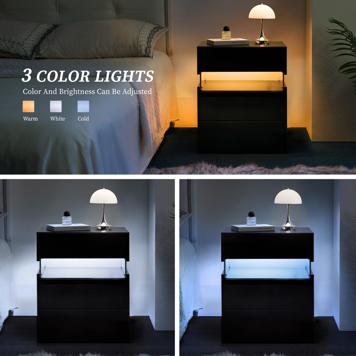 NACHTTISCH 48/38/61 cm mit 3 Schubladen & LED-Beleuchtung in Schwarz - Schwarz, Holzwerkstoff (38/61/48cm) - BEAOK