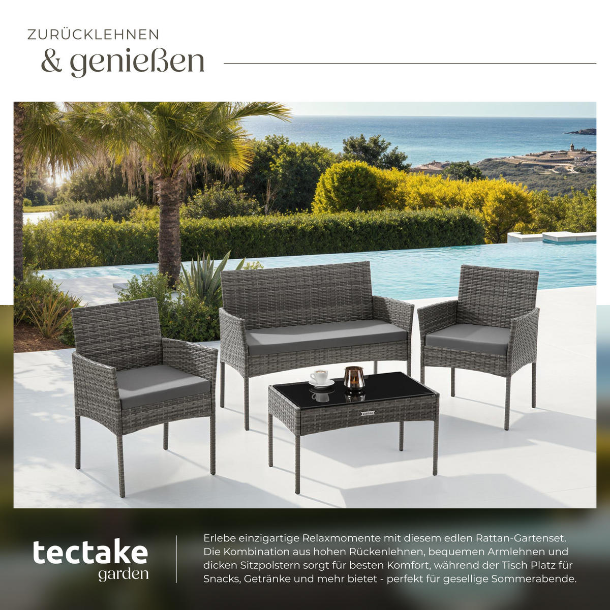RATTAN GARTENSET Palese,Sofa 250 kg, je Sessel 120 kg,grau - Grau, Kunststoff - tectake