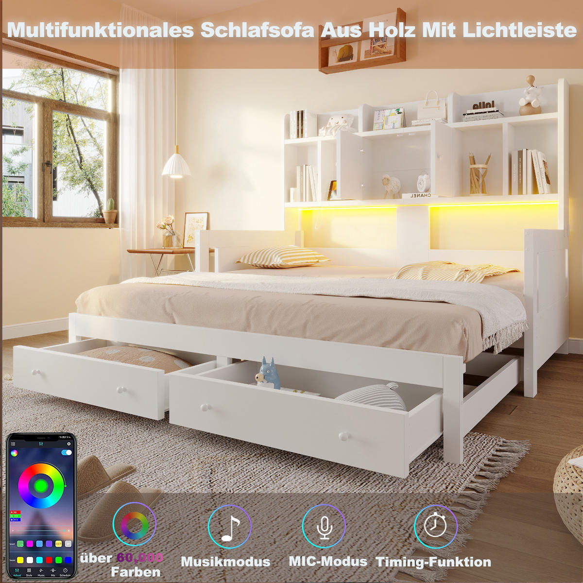 SCHLAFSOFA Holz Ausziehbett LED Stauraum Steckdose Weiß - Weiß, Holz (90/190cm) - FLIEKS