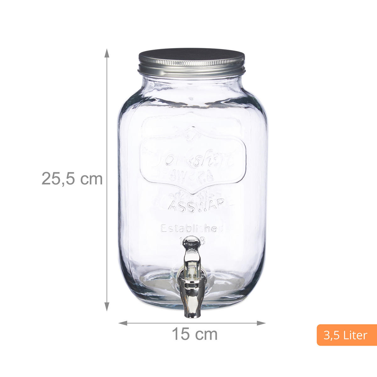 GETRÄNKESPENDER Transparent Glas mit Zapfhahn 3,5 L - Transparent, Glas/Kunststoff (3.5L) - Relaxdays