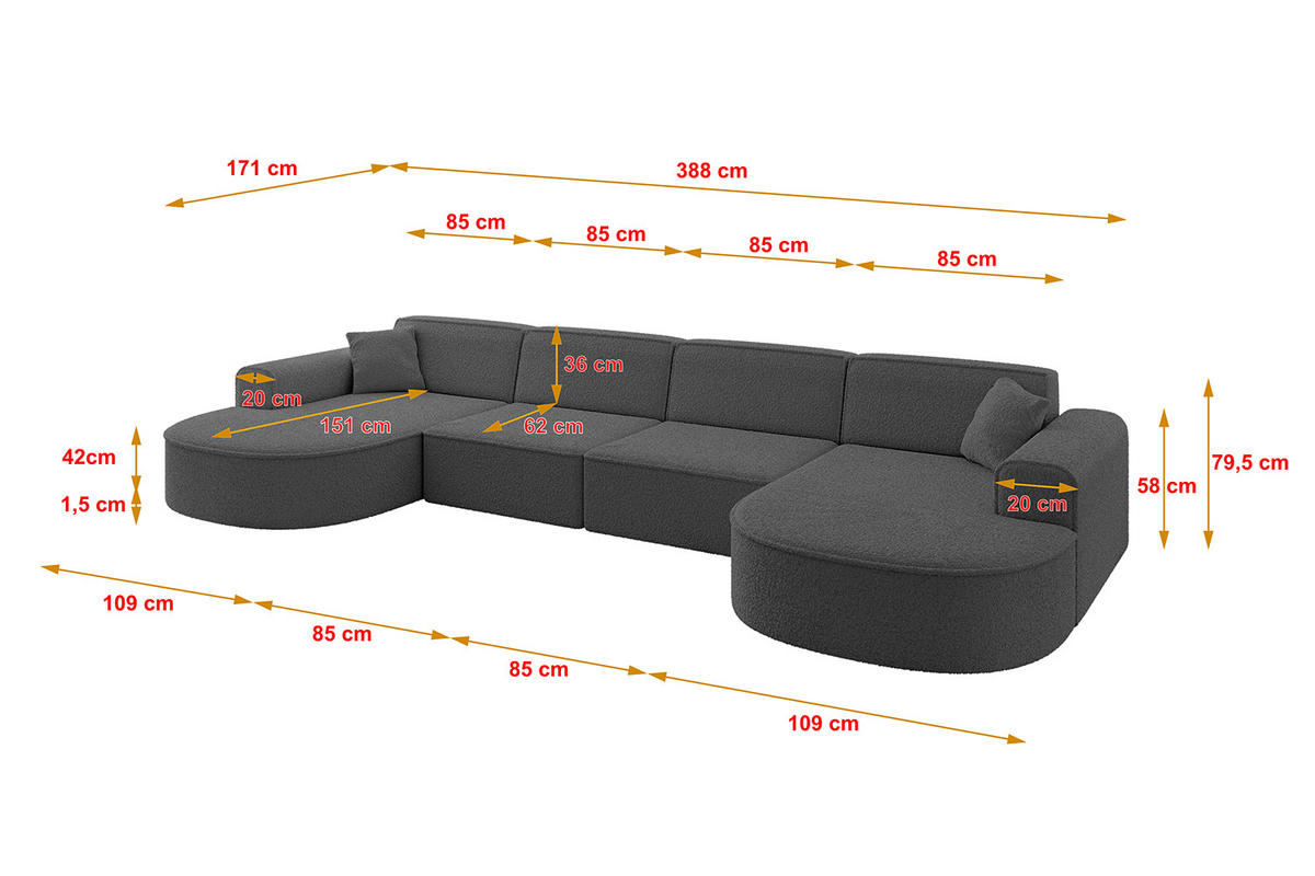 WOHNLANDSCHAFT MARI-U2 - 388x171x79 cm Grau Bouclé - Schwarz/Grau, Holzwerkstoff/Kunststoff (388/79/171cm) - ALTDECOR