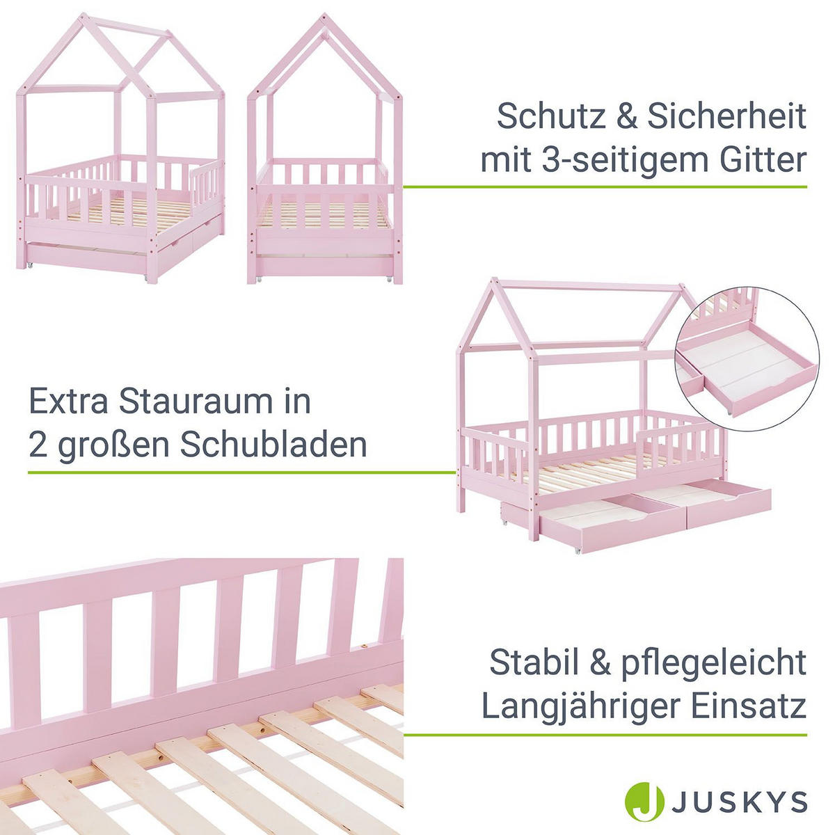 KINDERBETT Marli rosa 80x160 cm mit Bettkasten und Matratze - Rosa, Holz (80/160cm) - Juskys