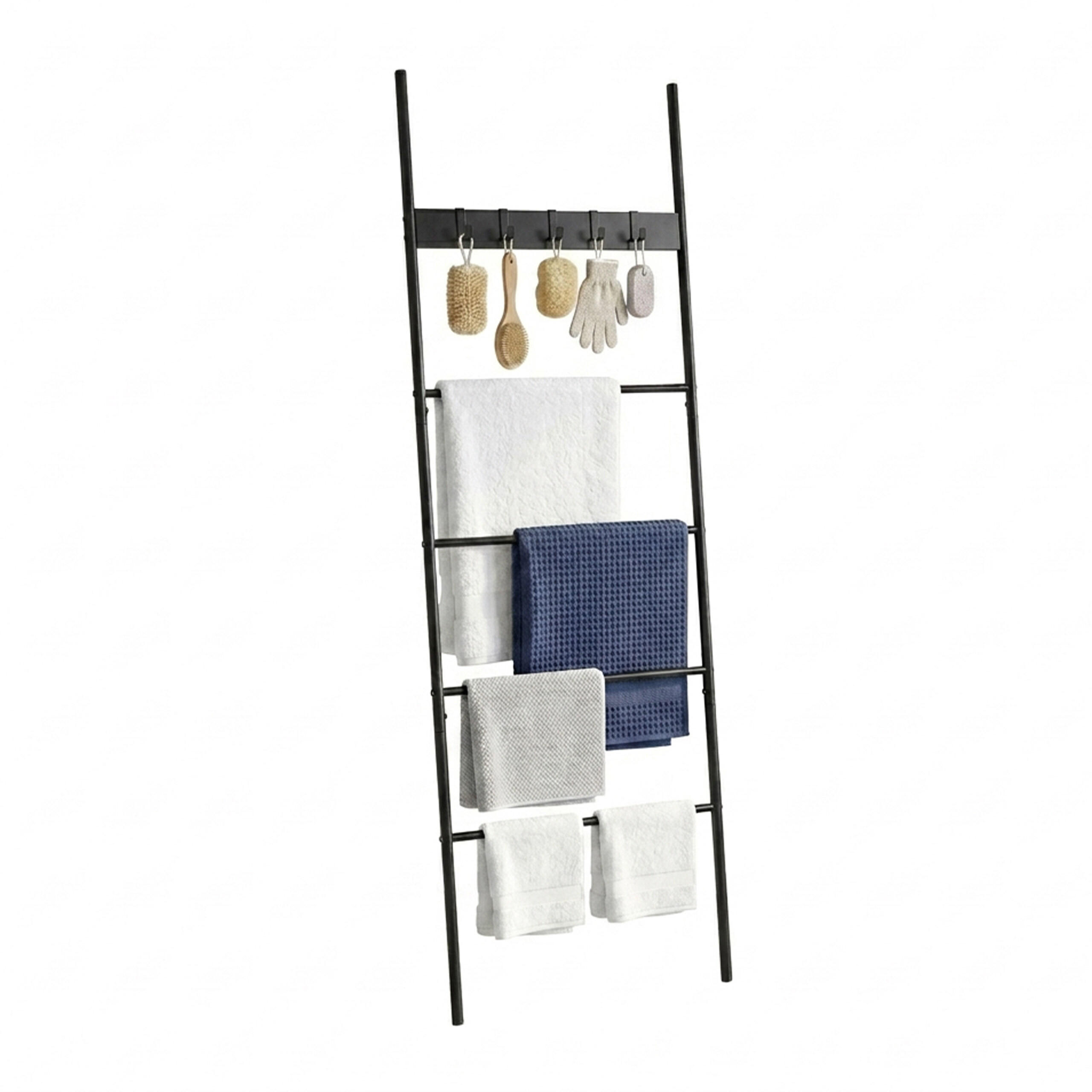 HANDTUCHLEITER Schwarz 4 Sprossen 5 Haken 177x60 cm - Schwarz, Holzwerkstoff/Metall (60/177/15cm) - Relaxdays