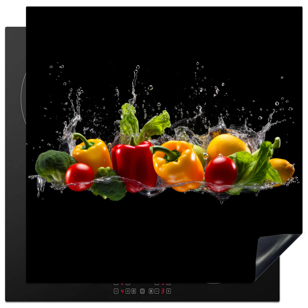 HERDABDECKPLATTE Paprika - Wasser - Gemüse - Schwarz 78x78 cm - Multicolor, Kunststoff (78/0.2/78cm) - MuchoWow