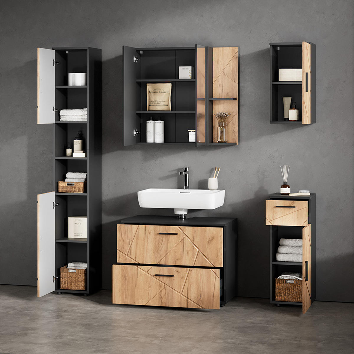 SPIEGELSCHRANK Ronco Anthrazit/Goldkraft Eiche 80 x 75 cm - Anthrazit/Eiche Wotan, Holzwerkstoff (80/75/17.2cm) - Livinity®