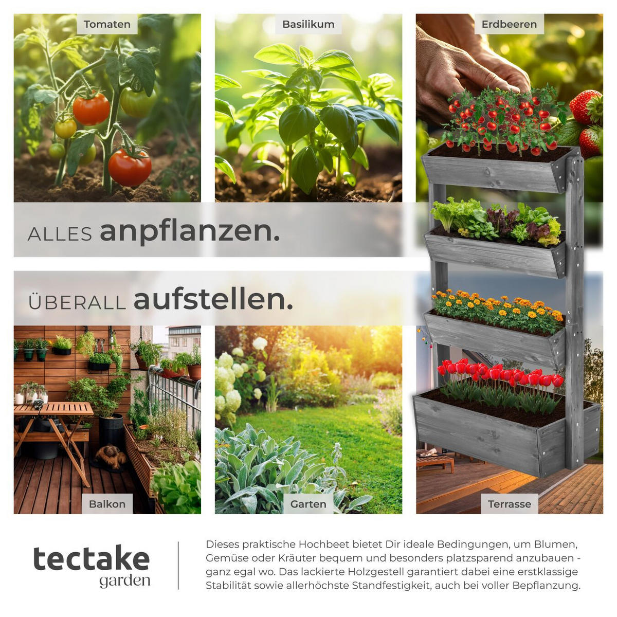 HOCHBEET Flora, inklusive Pflanzvlies, 85 x 45 x 140 cm, grau - Grau, Holz (85/140/45cm) - tectake