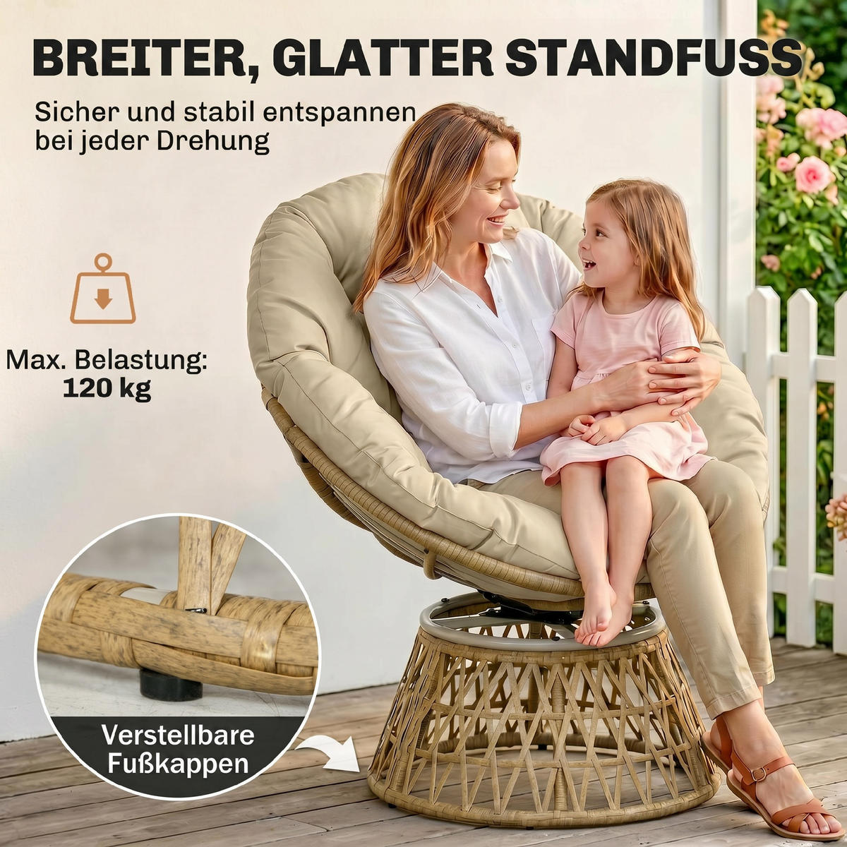 PAPASANSESSEL mit Polster 360 Grad Verstellbare Fußstütze 85 x 70 x 82 cm Khaki - Braun, Kunststoff (85/82/70cm) - Outsunny