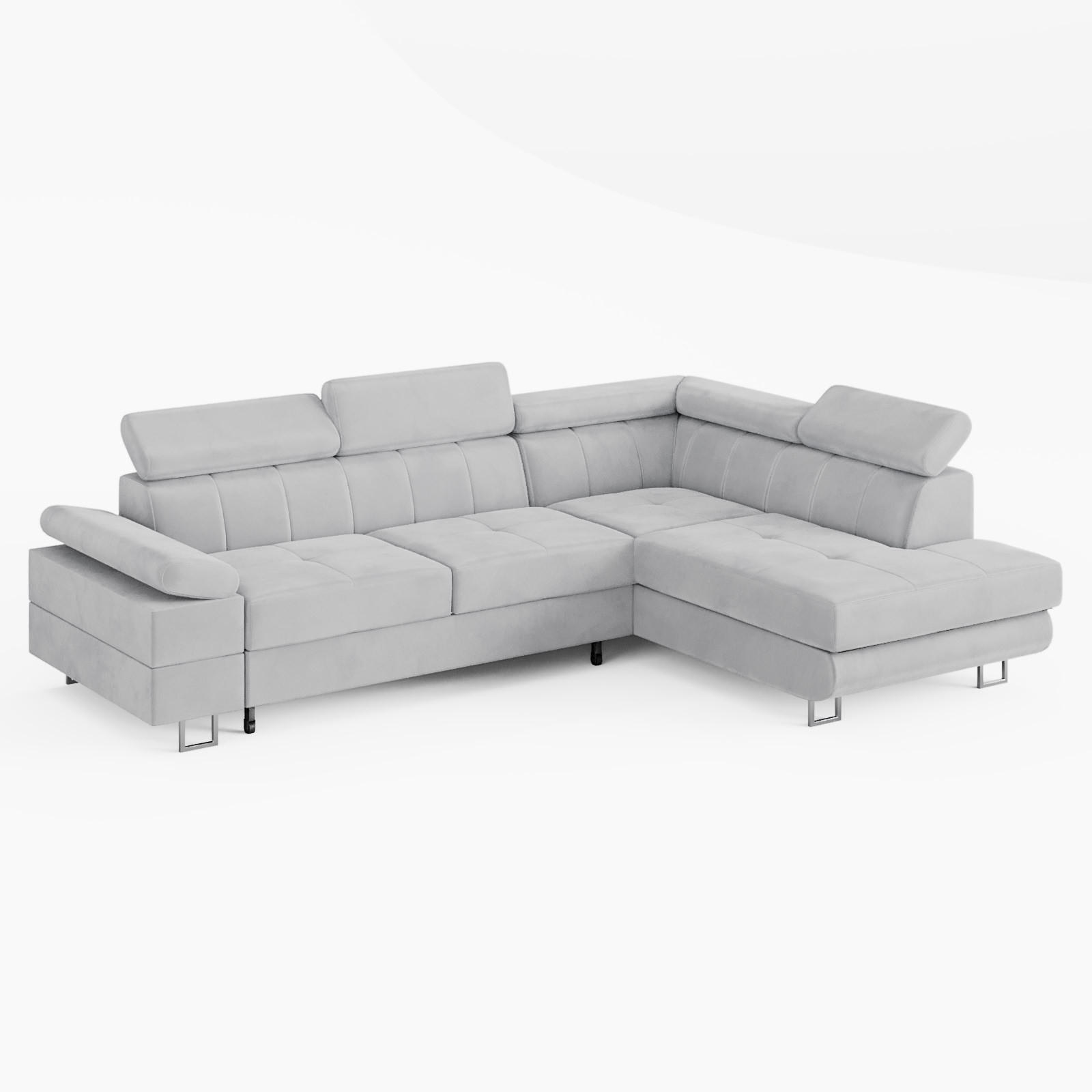 ECKSOFA CAROLINE Rechts Hellgrau Velours-Stoff mit Schlaffunktion und Bettkasten - Chromfarben/Hellgrau, Textil (253/190cm) - Barchello