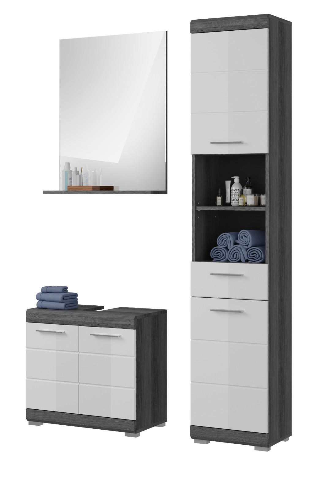 BADMÖBEL-SET weiß Hochglanz, grau 3-teilig 112 cm, Badkombination, 8 Fächer - Weiß Hochglanz/Grau, Glas/Holzwerkstoff (112/191/34cm) - Inn.Furn