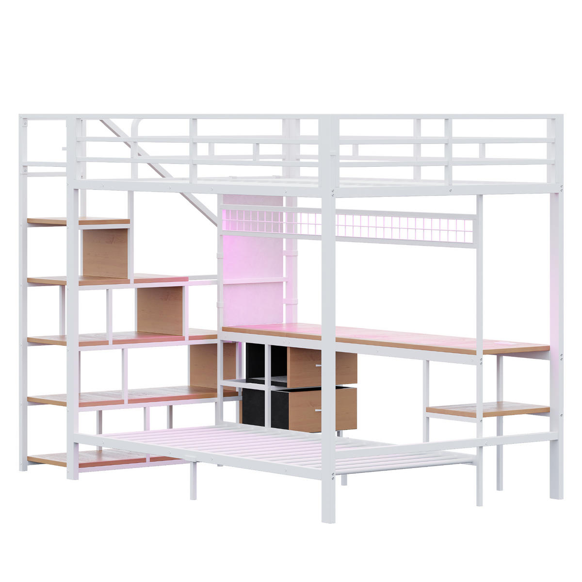 HOCHBETT 140/200 cm weiß aus Metall und Holz mit Schreibtisch LED und Steckdosen - Weiß, Metall (140/200cm) - OKWISH