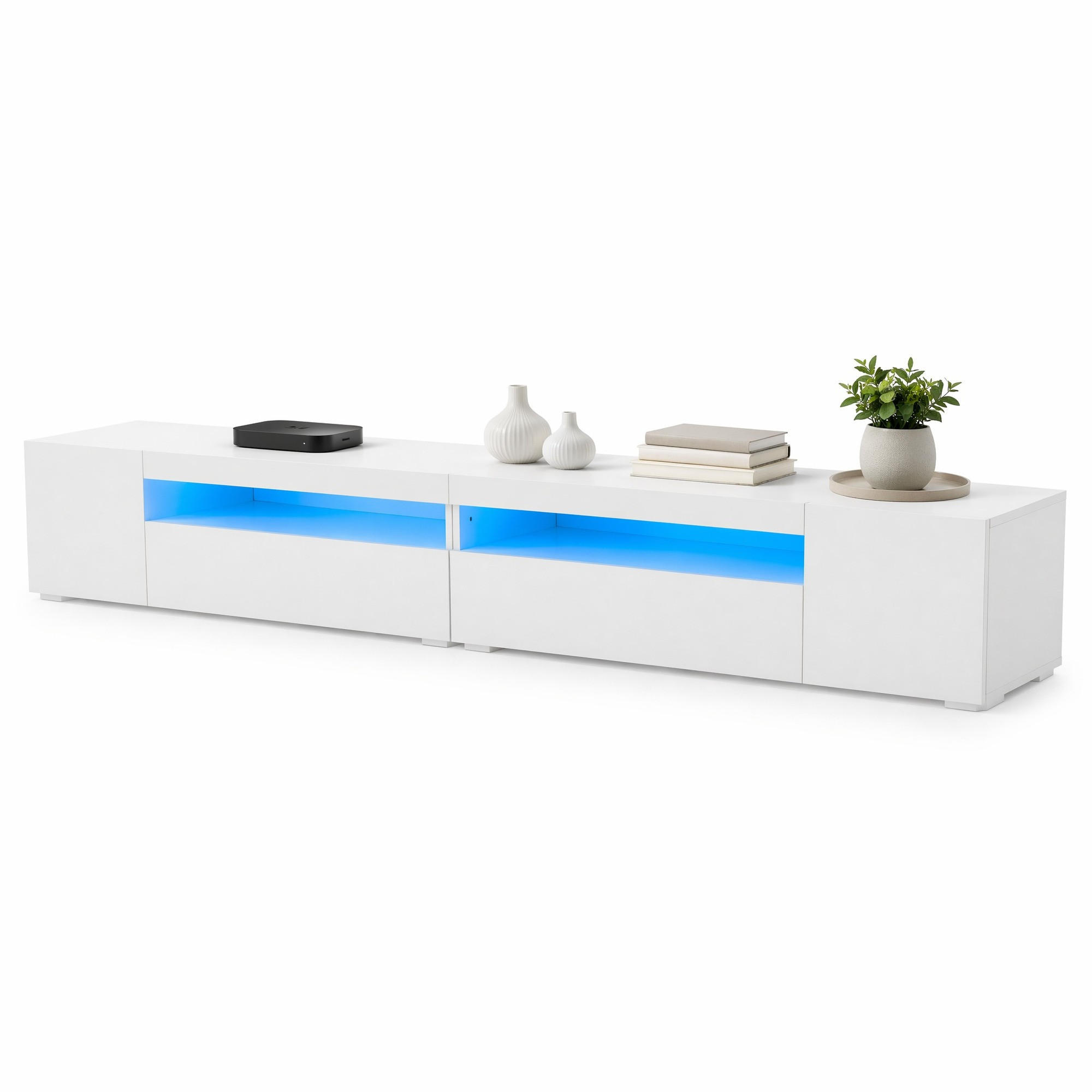 LOWBOARD in Weiß TV-Schrank mit hellem Panel und variabler LED-Beleuchtung, für Wohn- und Esszimmer, B240/T38.5/H35.5cm - Weiß, Holzwerkstoff/Metall (240/35/39cm) - STILVORA