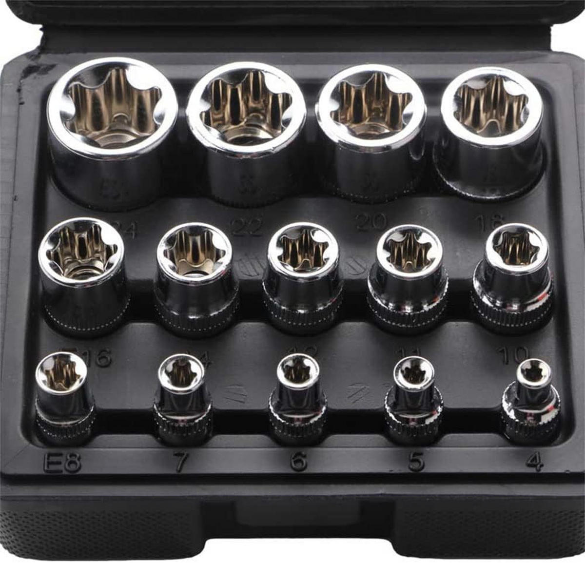STECKSCHLÜSSELSATZ - 14-teiliger Steckschlüsselsatz Typ E in Blütenform mit Aufbewahrungsbox (schwarz) - Schwarz, Metall (13/12/5.5cm) - DCA