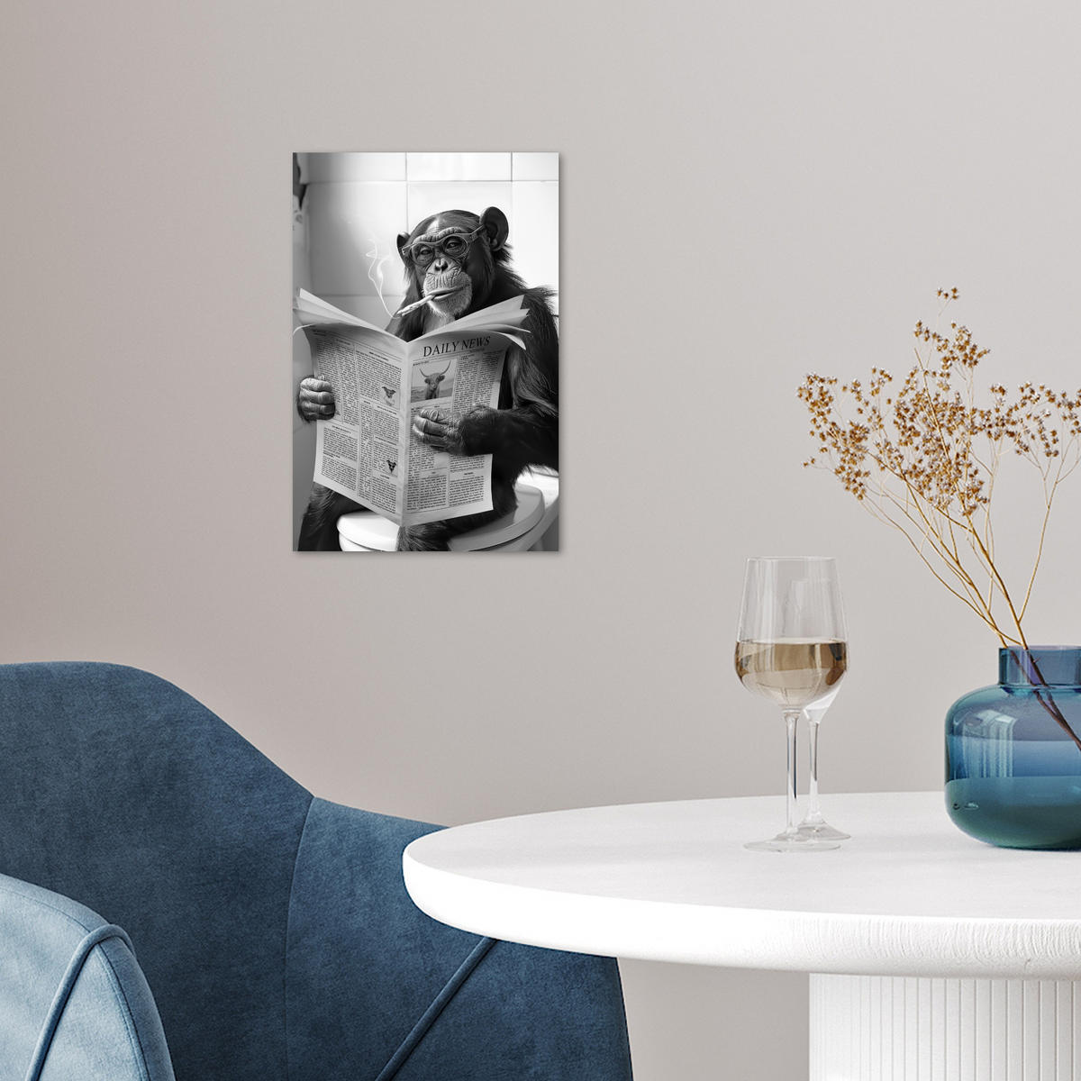 POSTER Affe - WC - Zeitung - Schwarz-Weiß - Humor 20x30 cm - Hellgrau, Papier (20/30/0.1cm) - MuchoWow