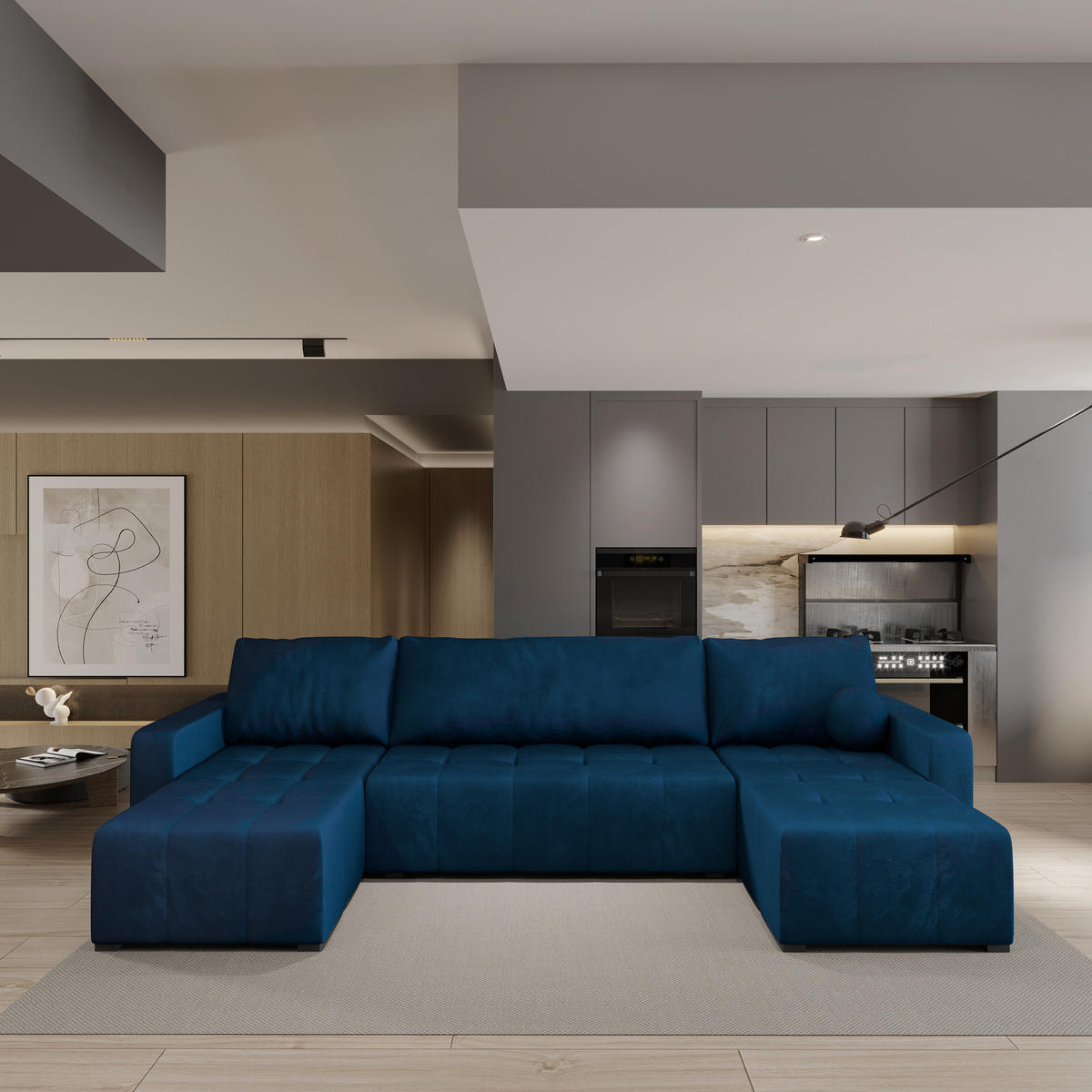 ROHOVÁ SEDAČKA TOLARI modrá - šedá/modrá, dřevo/textil (295/140cm) - MASSENO