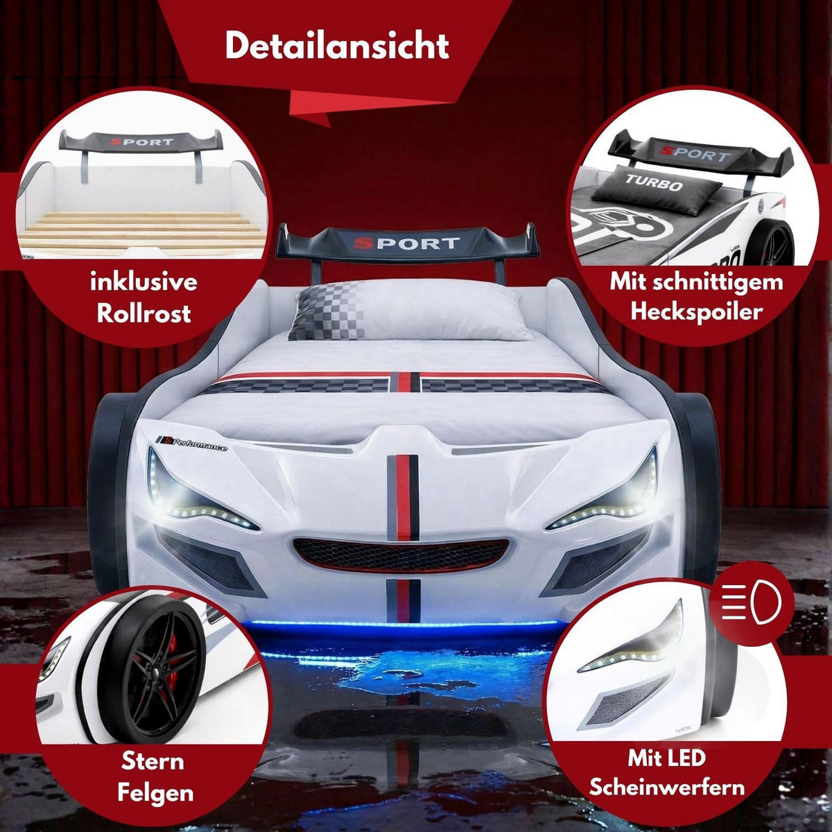 AUTOBETT GTE mit Rollrost, Licht und Sound Farbe Weiß - Weiß, Holzwerkstoff (90/200cm) - Coemo