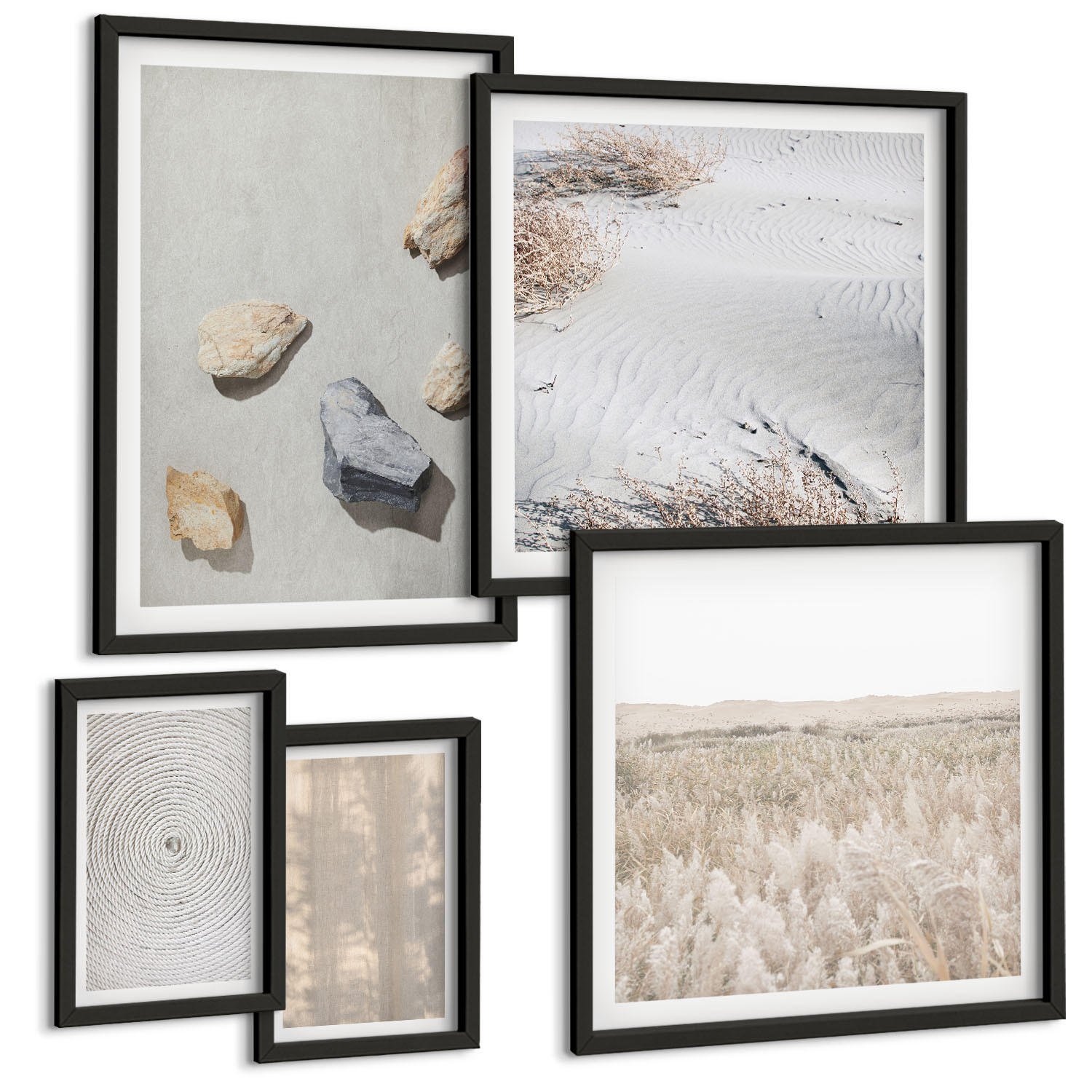 BILDER SET 5er Set - 50x50 cm & 20x30 cm & 40x60 cm Schwarzer Rahmen - Boho-Naturtexturen - Schwarz, Kunststoff (40/60cm) - TULUP