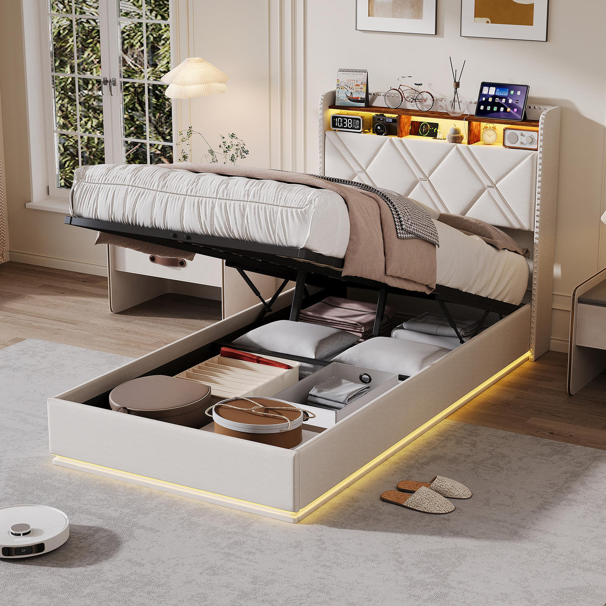 POLSTERBETT 90/200 cm Beige mit hydraulischem Stauraum, LED mit Ablage und USB - Beige, Metall (90/200cm) - EuroLiving