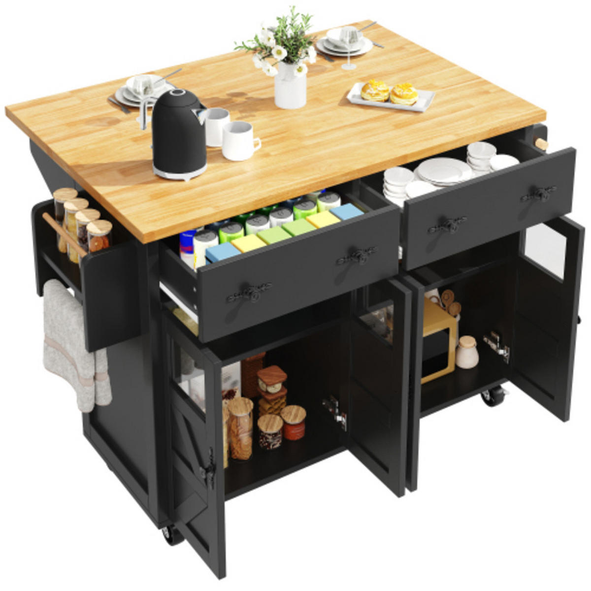 SERVIERWAGEN 140x45-73x93,5 cm aus MDF und Metall mit ausziehbarer Tischplatte, Schubladen, schwarz - Schwarz, Holzwerkstoff (140/93.5/73cm) - Luhomfu