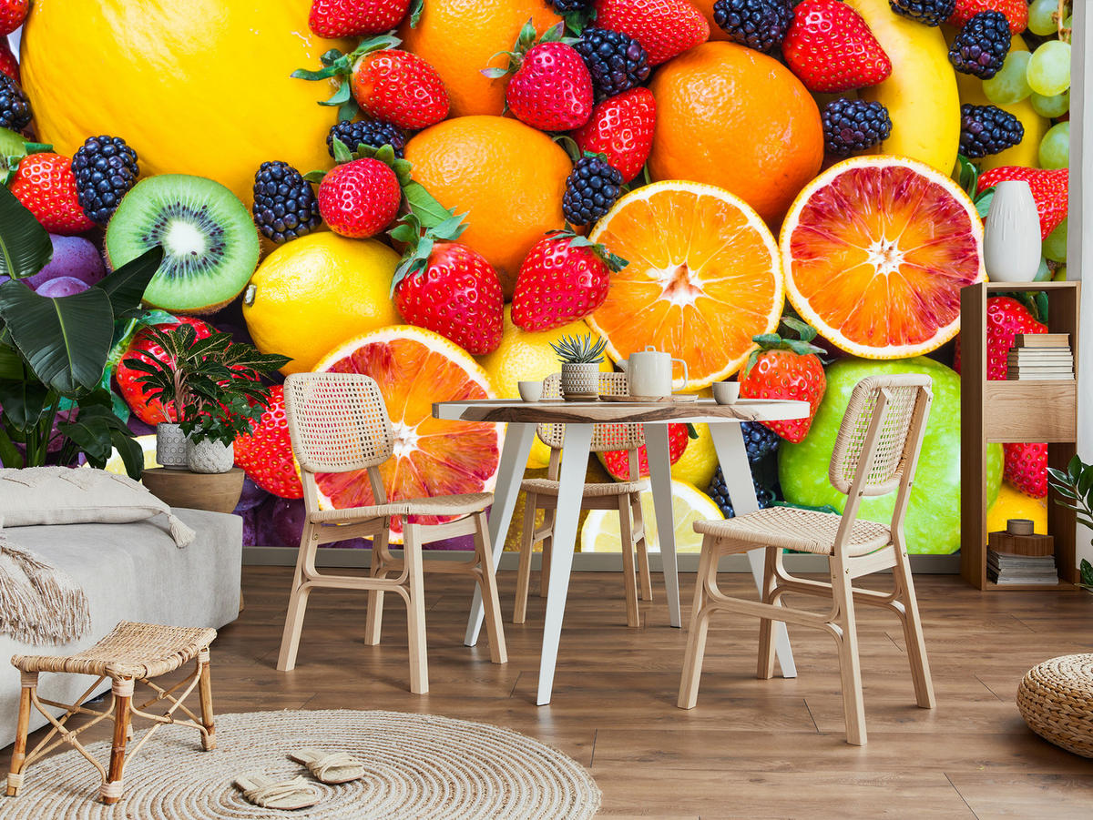 FOTOTAPETA Pre Kuchyňu Čerstvé Ovocie Jahody Pomaranče Citróny Farebná 500 x 350 cm - oranžová/žltá, papier (500/350cm) - Muralo