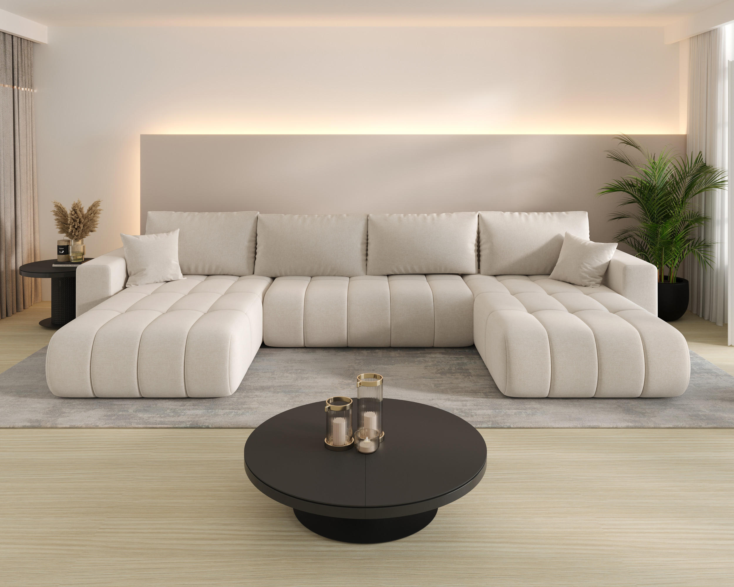 WOHNLANDSCHAFT ARDEN-U Samt mit Schlaffunktion und Bettkasten BEIGE - Beige, Textil (384/85/175cm) - Luxkor24