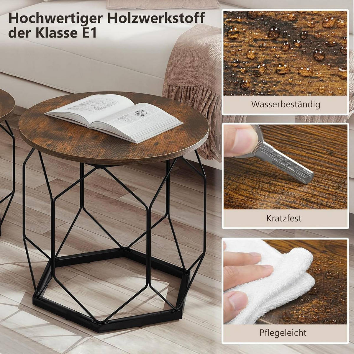 COUCHTISCH 2er Set, rund, Rustikales Braun - Dunkelbraun/Schwarz, Holzwerkstoff/Metall (50/50/45cm) - Woltu
