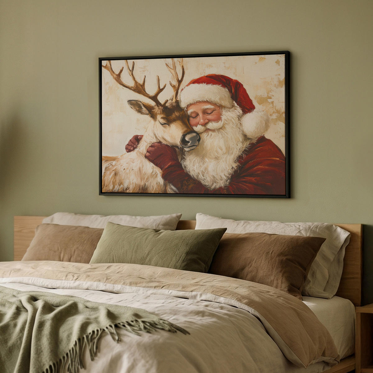 LEINWAND Bilder mit Rahmen - Weihnachtsmann - Rentier - Weihnachten - 80x60 - Rotbraun, Textil (80/60cm) - MuchoWow