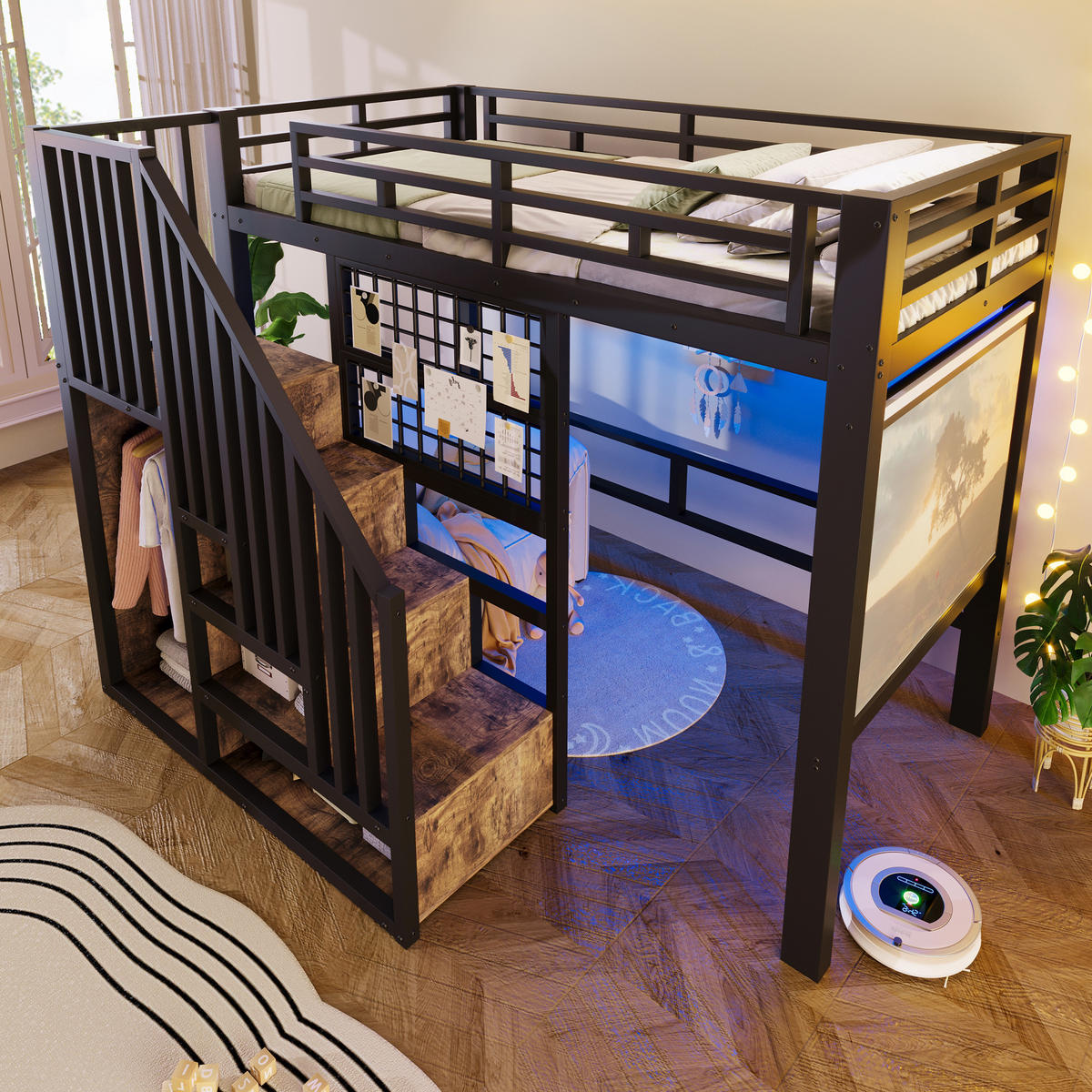 HOCHBETT 90/200 cm Schwarz, mit Eisenrahmen, Aufbewahrungstreppe, Gitter und LED-Licht - Schwarz, Metall