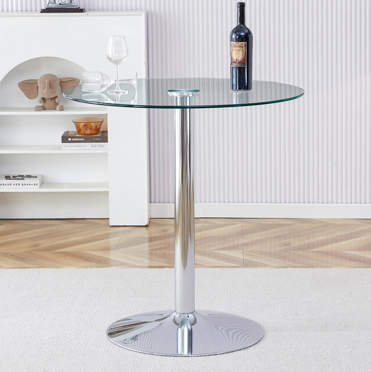 RUNDER Bartisch 89/89/92 cm mit Glasplatte und silberfarbenem Metallgestell - Silberfarben, Glas (89/89/92cm) - BEAOK