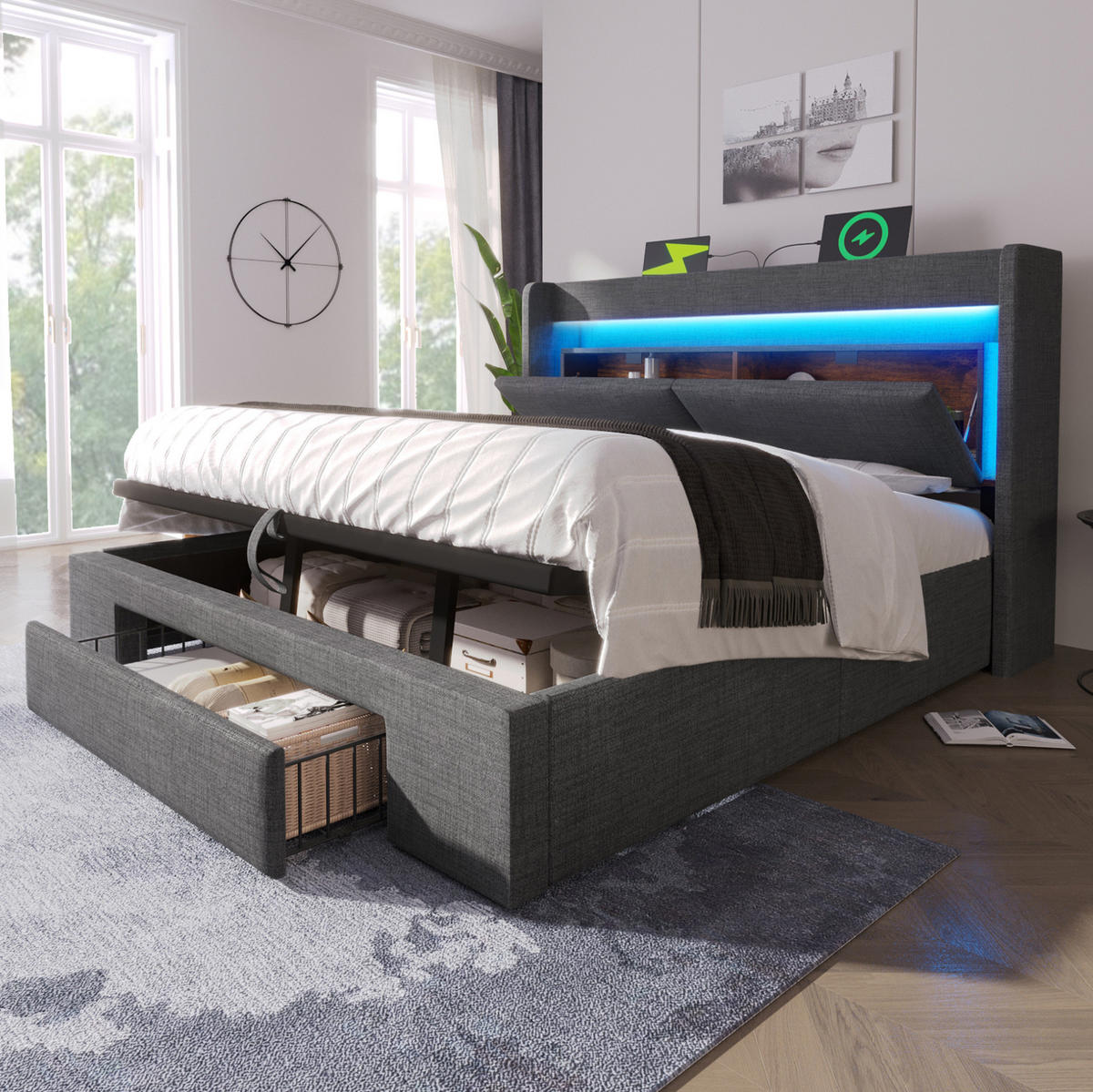 POLSTERBETT aus Leinen 140x200 cm Grau mit Matratze, LED, USB-C und hydraulischem Stauraum - Grau, Textil (140/200cm) - IVMEU