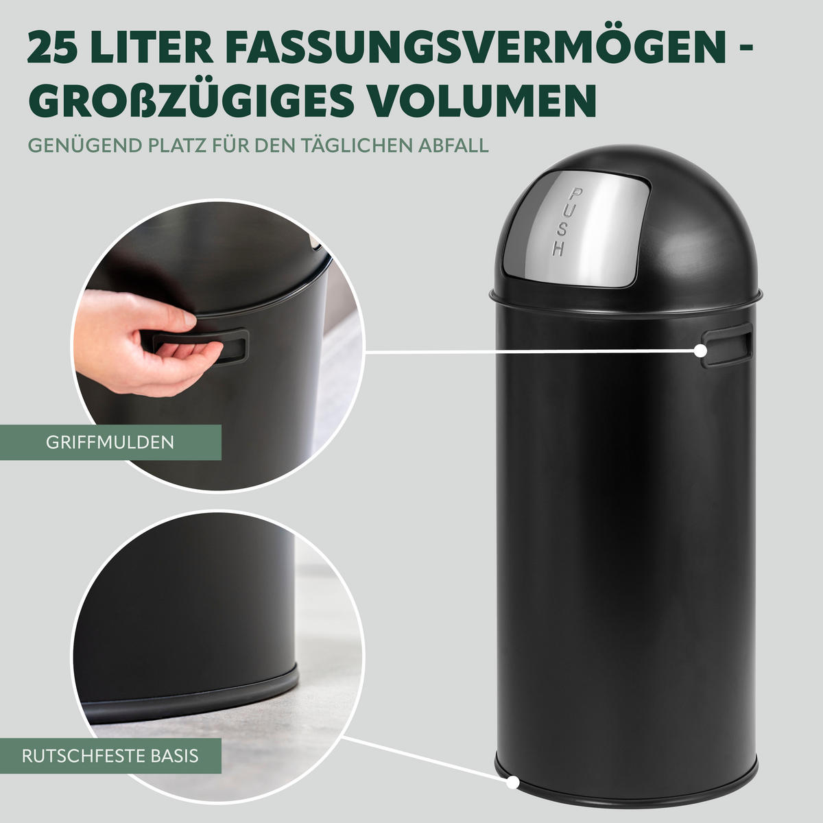 ELUNO Mülleimer 60 Liter aus Stahl - Schwarz, Metall (26.5/60.5/26.5cm) - eluno