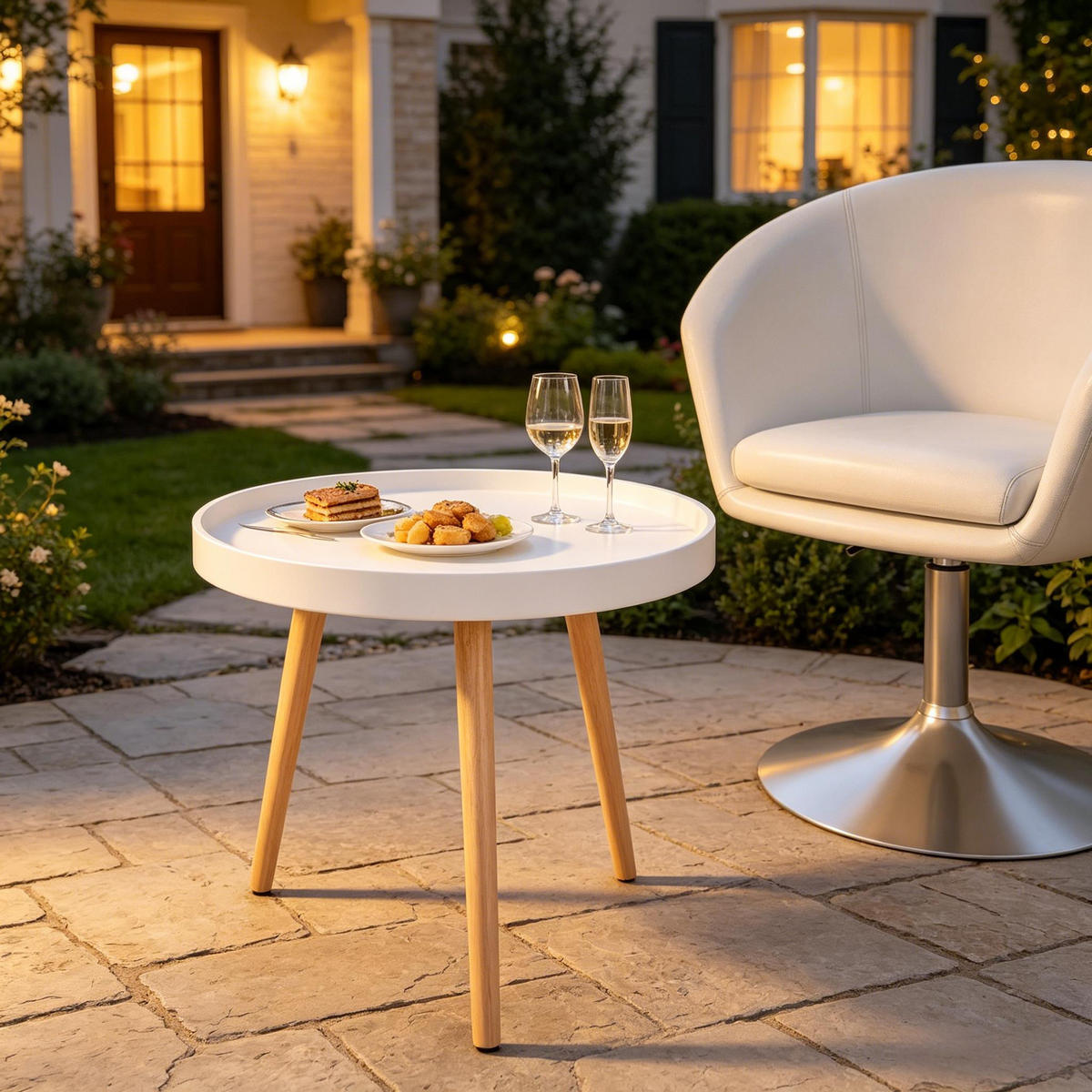 COUCHTISCH DE-37245 rund mit erhöhtem Rand Weiß/Eiche - Weiß, Holzwerkstoff (50/50/44cm) - ComfortXL