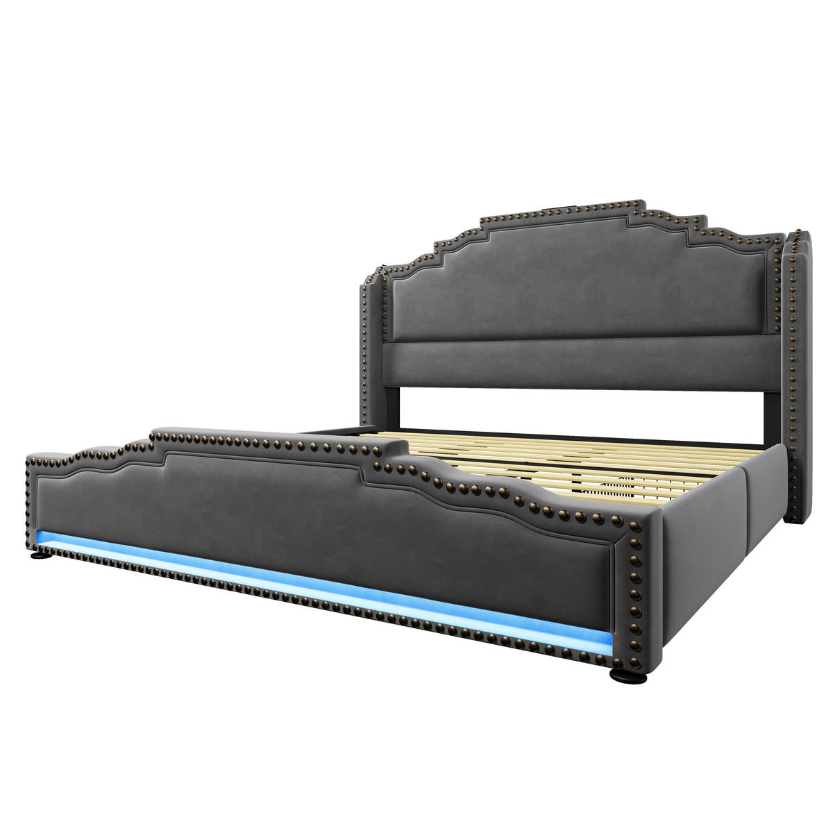 POLSTERBETT 180/200 cm mit 4 Schubladen, LED-Beleuchtung, USB-C und Lattenrost aus Samt, Grau - Grau, Textil (180/200cm) - Redom