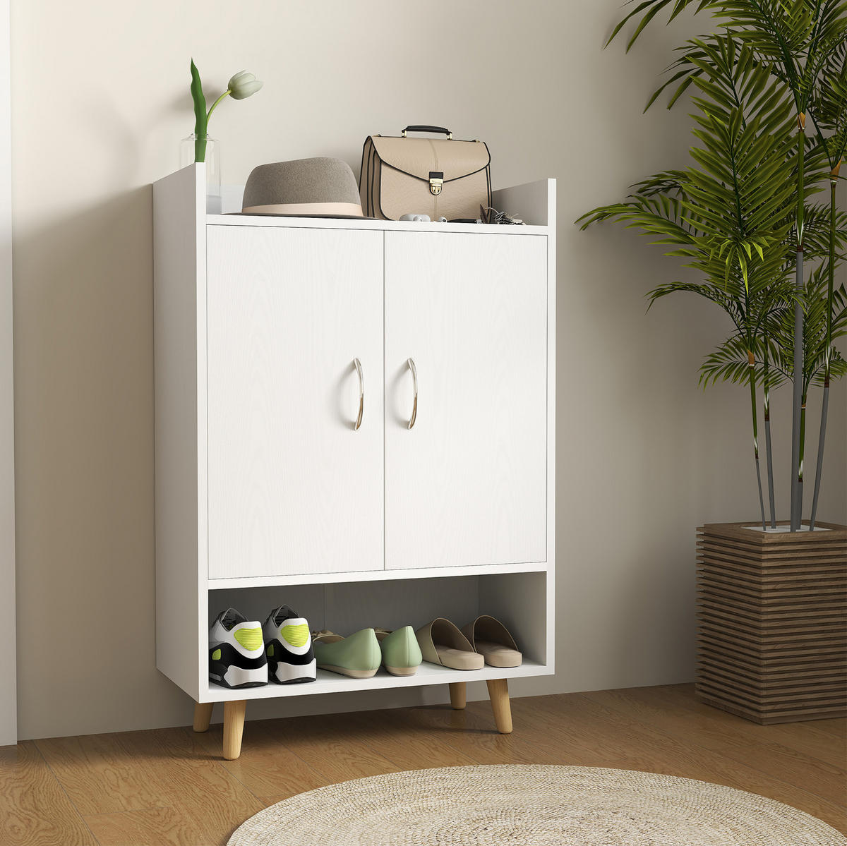 SCHUHSCHRANK 60/30/92 cm in Weiß mit Türen und 3 Innenböden - Weiß, Holz (60/92/30cm) - BEAOK