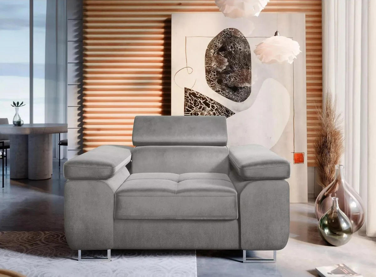 SESSEL WILD mit verstellbare Kopfstütze Velours Grau - Chromfarben/Grau, Holz/Textil (138/100/101cm) - Muffo