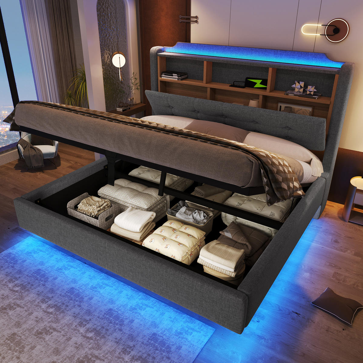 POLSTERBETT 140/200 cm Grau mit LED-Lichtleiste, Staufächer, USB- und Typ-C-Anschlüsse - Grau, Textil (140/200cm) - Oxeza
