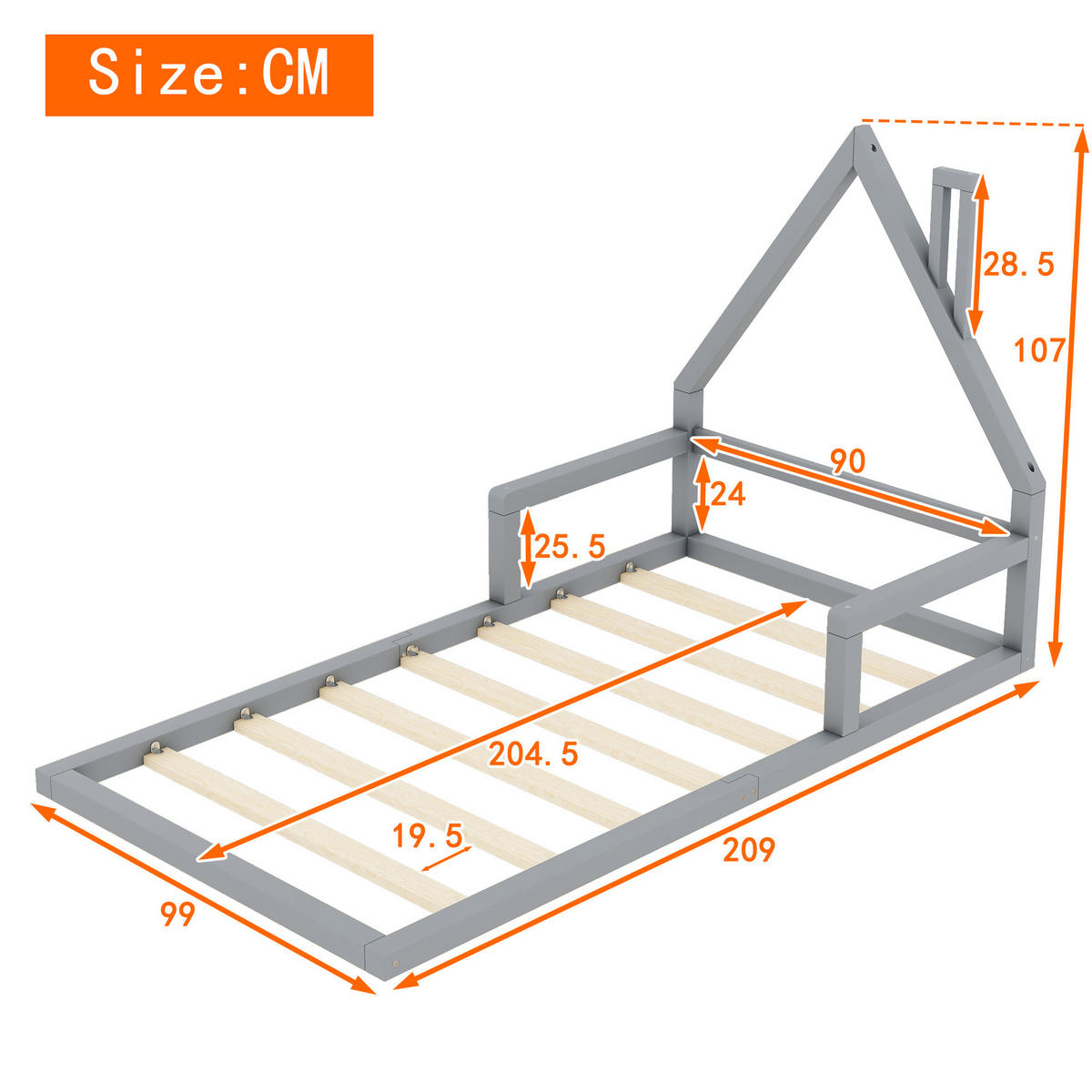 HAUSBETT 90/200 cm grau Hausform aus Kiefer massiv - Grau, Holz (90/200cm) - OKWISH