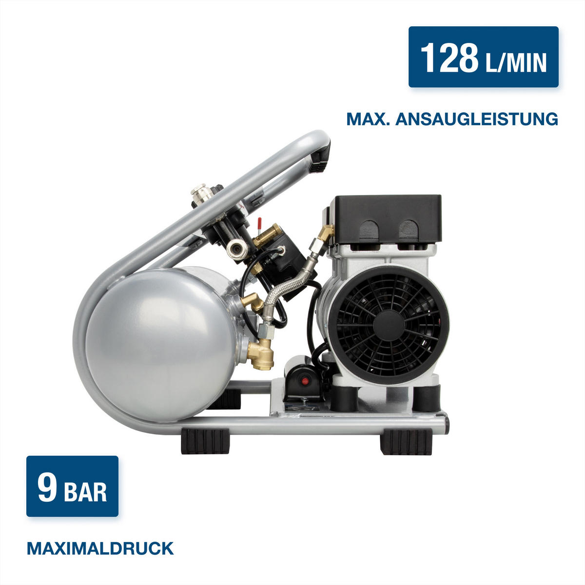 SILENT Kompressor SAC75008 (9 bar, 8L, tragbar, ÖLFREI, 49 dB, 750 W / 1 PS) - Silberfarben, Metall (41/41/35cm) - HYUNDAI