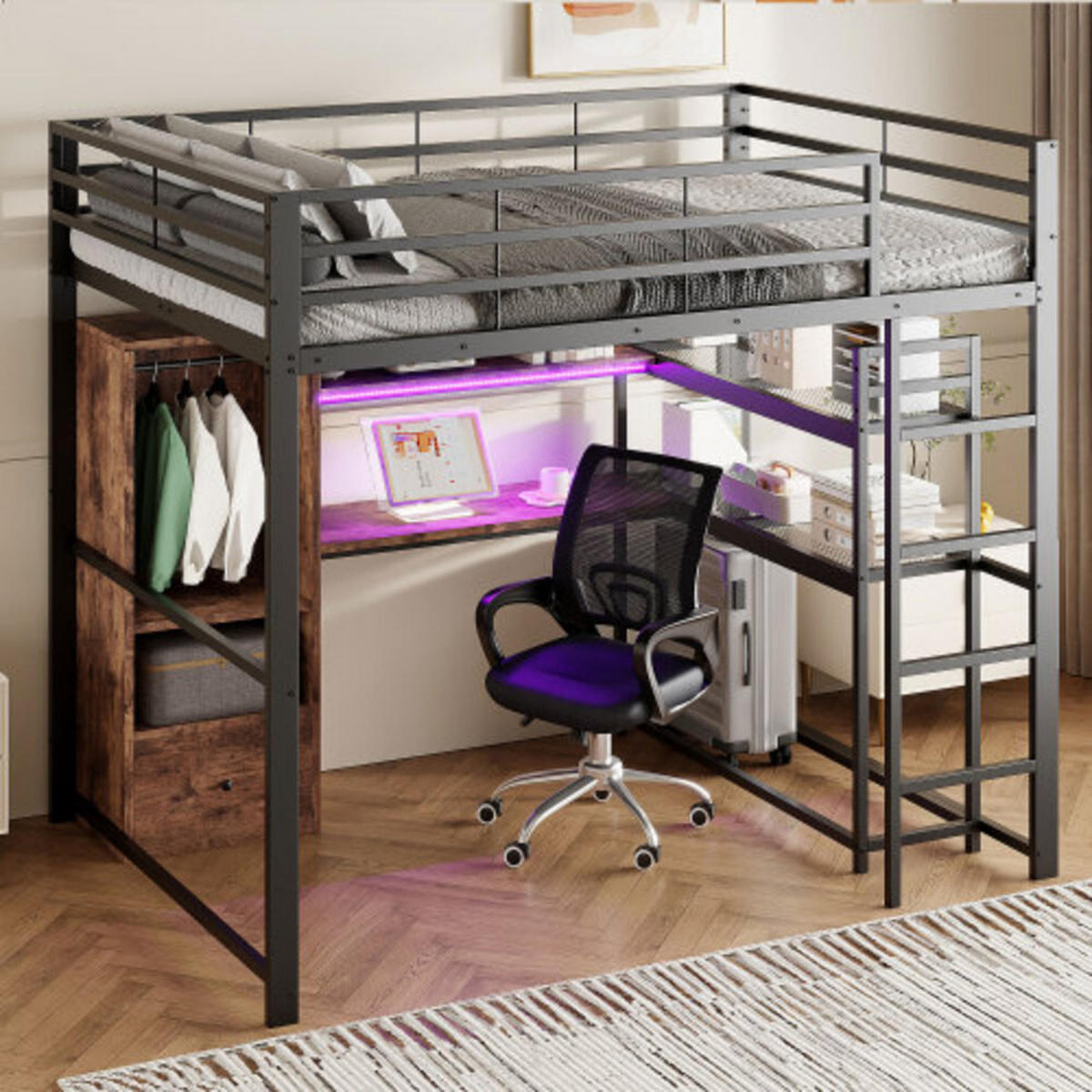 HOCHBETT 140 × 200 cm aus Metall und MDF mit Schreibtisch, Stauraumschublade und 16-Farben-LED-Leiste, schwarz - Schwarz, Holzwerkstoff - Luhomfu