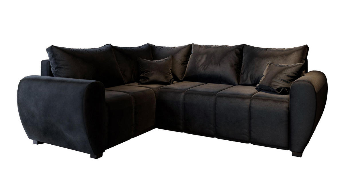 ECKSOFA MADISON L L-S Schwarz Plüsch-Stoff mit Schlaffunktion - Schwarz, Holz (235/175cm) - MASSENO