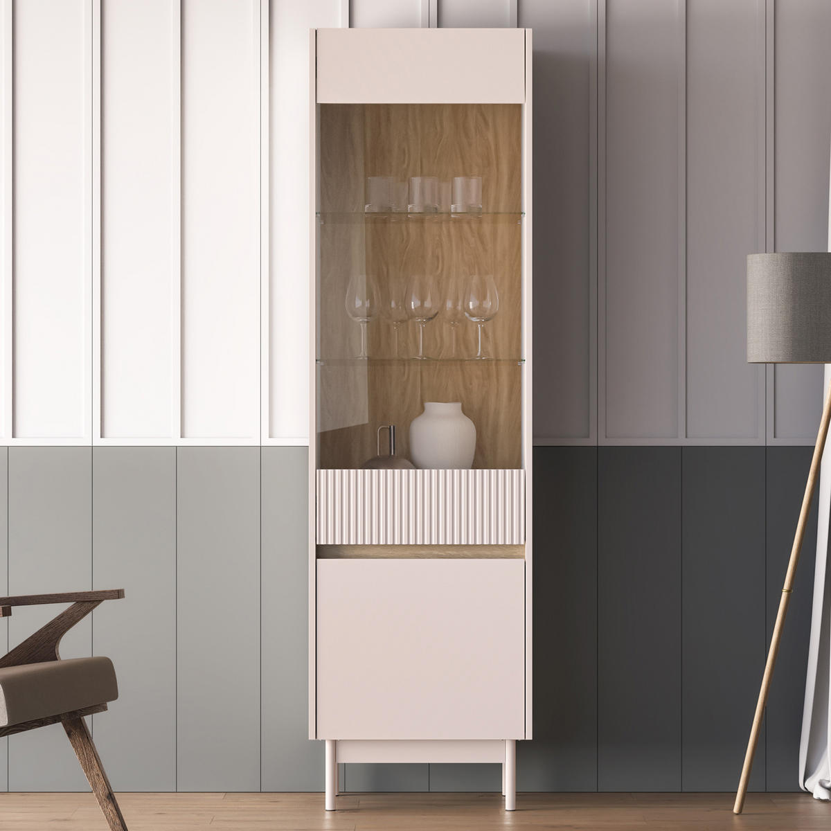 VITRINENSCHRÄNK NALIA, Vitrine, Creme/Eiche - Eichefarben/Creme, Glas/Holzwerkstoff (55/193/40cm) - KONSIMO®