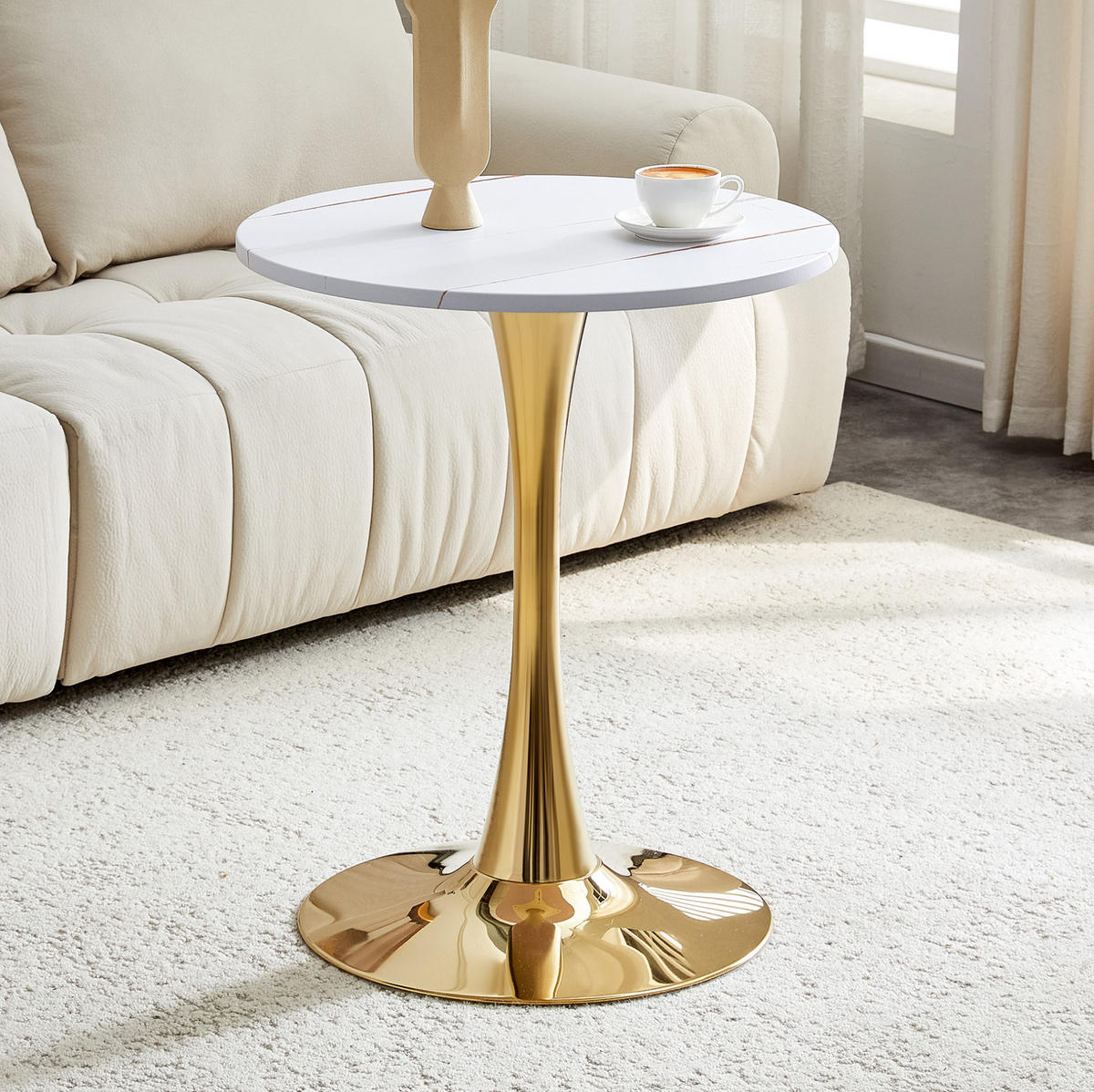 BEISTELLTISCH aus MDF und Metall 60x60x72 cm Weiß/Gold mit runder Tischplatte und stabilem Mittelfuß - Weiß, Holzwerkstoff (60/60/72cm) - Modfu