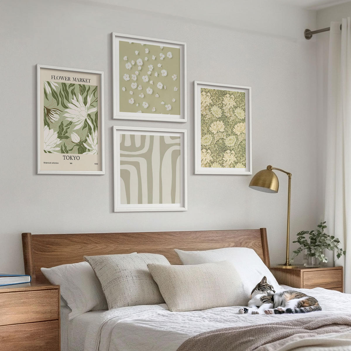 WANDBILDER 4er-Set - 50x50 cm & 40x60 cm Weißer Rahmen - Boho-Pflanzenkompositionen in Pastellfarben - Weiß, Kunststoff (50/50cm) - ArtPrintCave