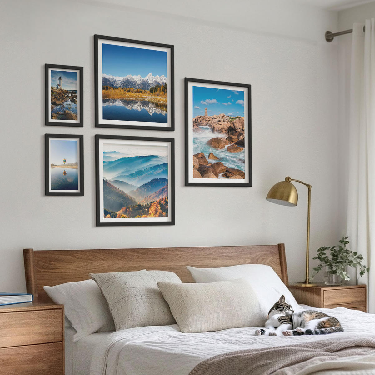 BILDER SET 5er Set - 50x50 cm & 20x30 cm & 40x60 cm Schwarzer Rahmen - Ausblicke auf die Natur, Leuchtturm, Berge - Schwarz, Kunststoff (40/60cm) - TULUP