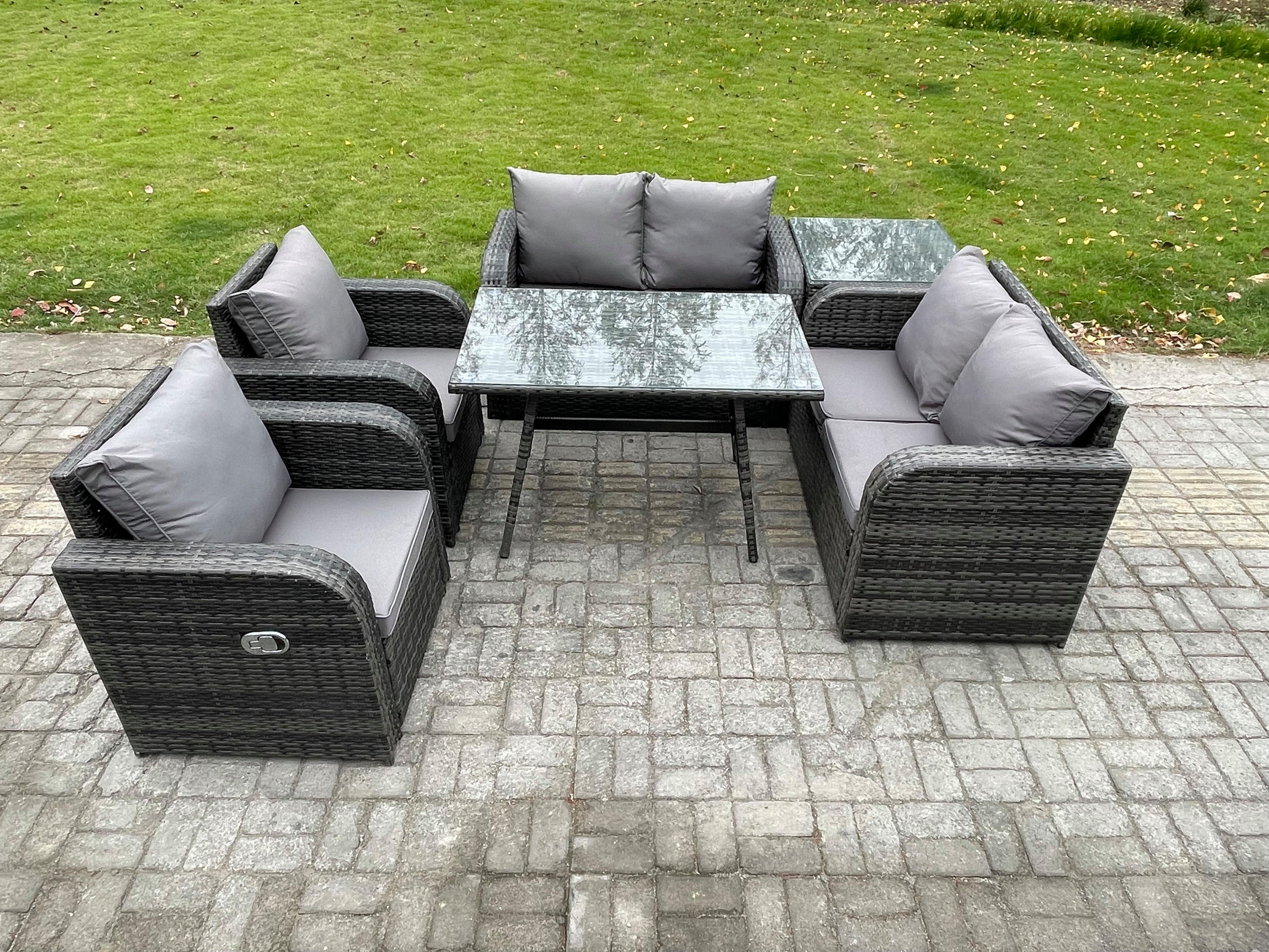 BALKONSET mit ESSTISCH SOFA Polyrattan Dunkelgrau 6-Sitzer - Dunkelgrau/Grau, Glas/Kunststoff - Fimous