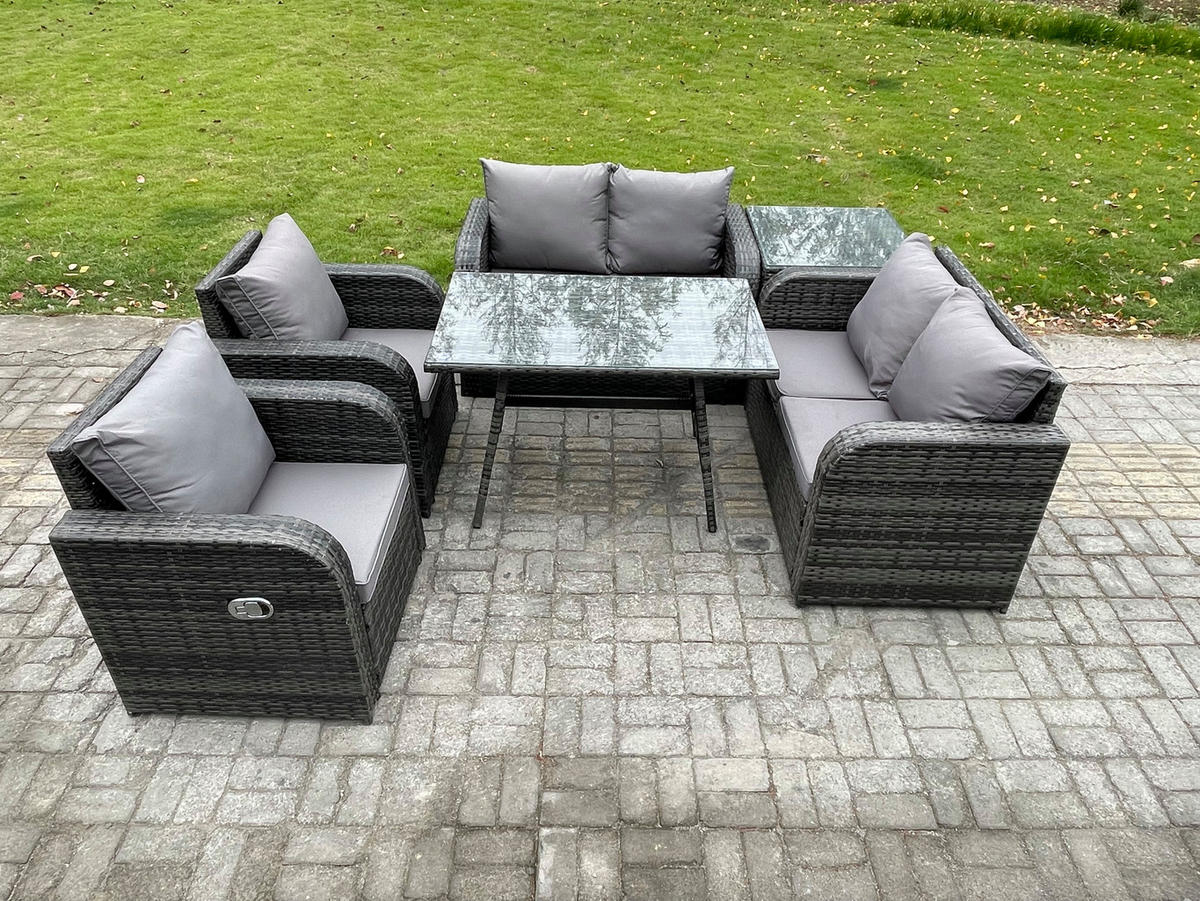 BALKONSET mit ESSTISCH SOFA Polyrattan Dunkelgrau 6-Sitzer - Dunkelgrau/Grau, Glas/Kunststoff - Fimous