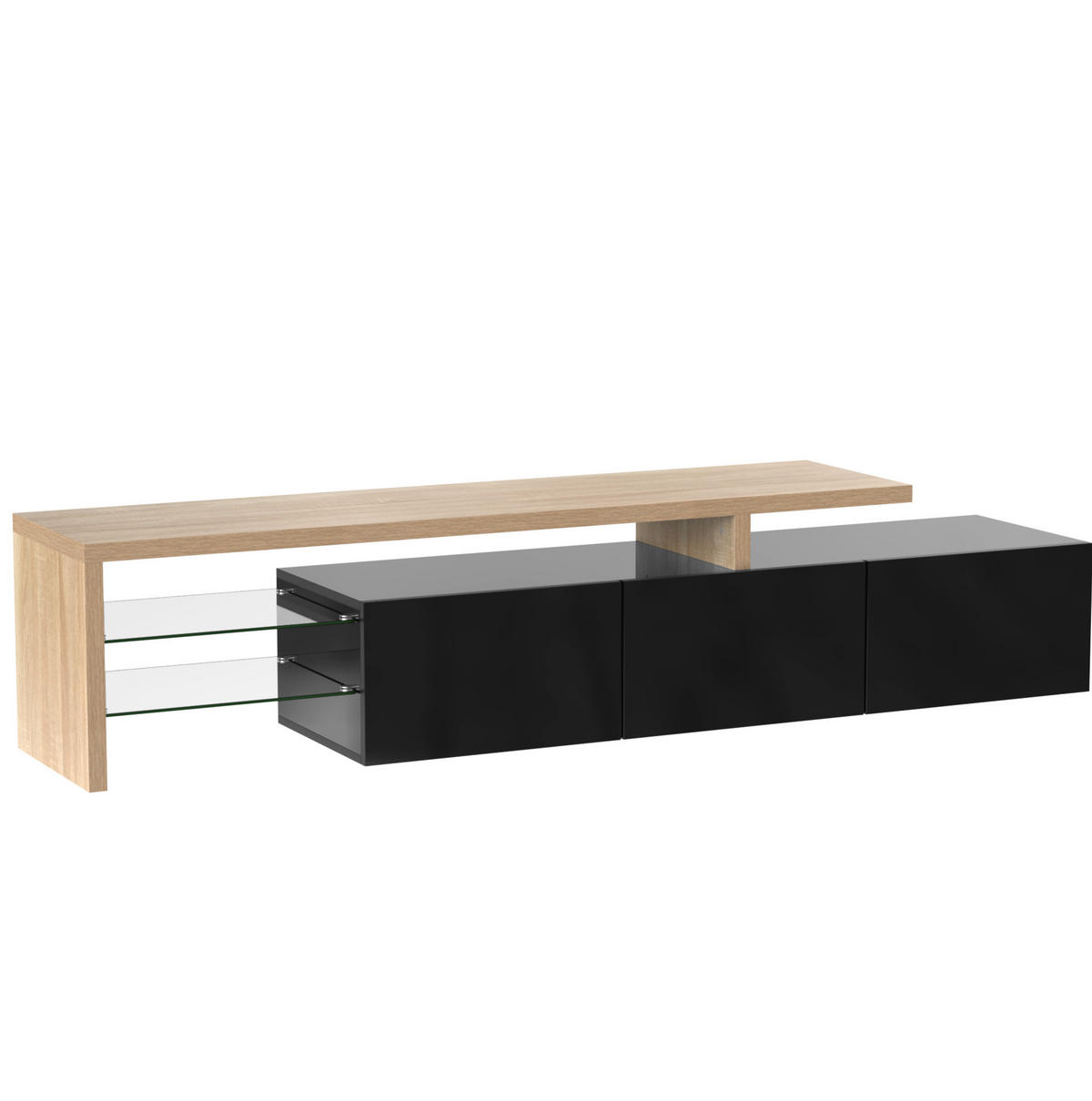 LOWBOARD 197,5/39/42 cm aus MDF und Glas mit 7-farbiger LED-Beleuchtung Schwarz/Natur - Naturfarben, Holzwerkstoff (197.5/42/39cm) - Modenvie