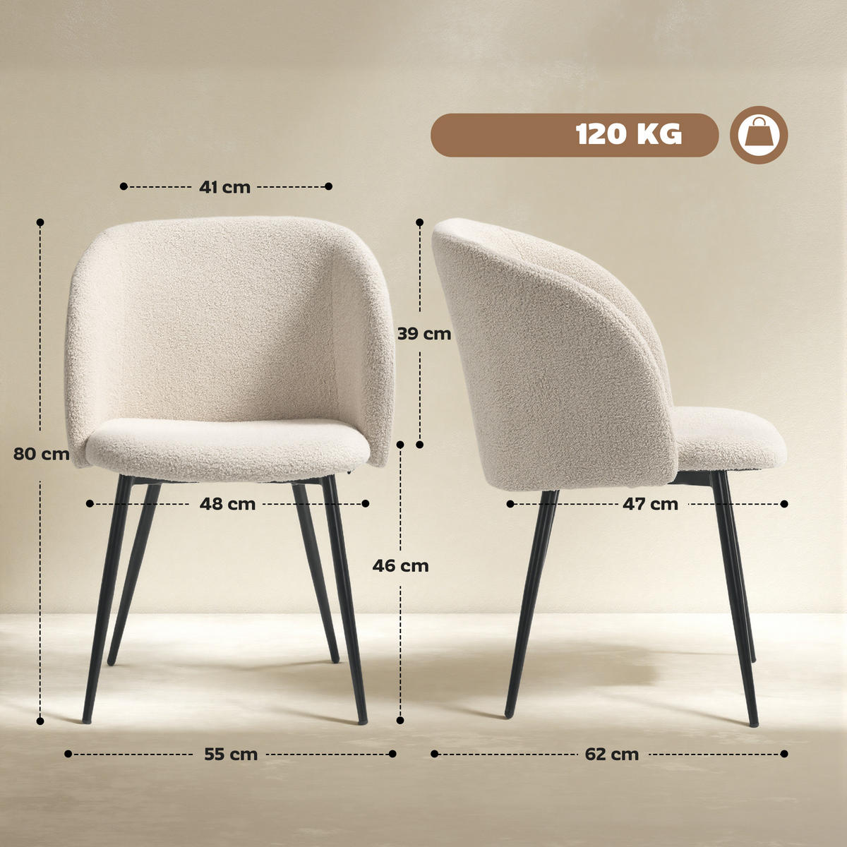 ESSZIMMERSTÜHLE DE-06834 2er-Set mit Stoffbezug und Stahlbeinen Cremeweiß - Creme, Textil/Metall (62/80/55cm) - ComfortXL