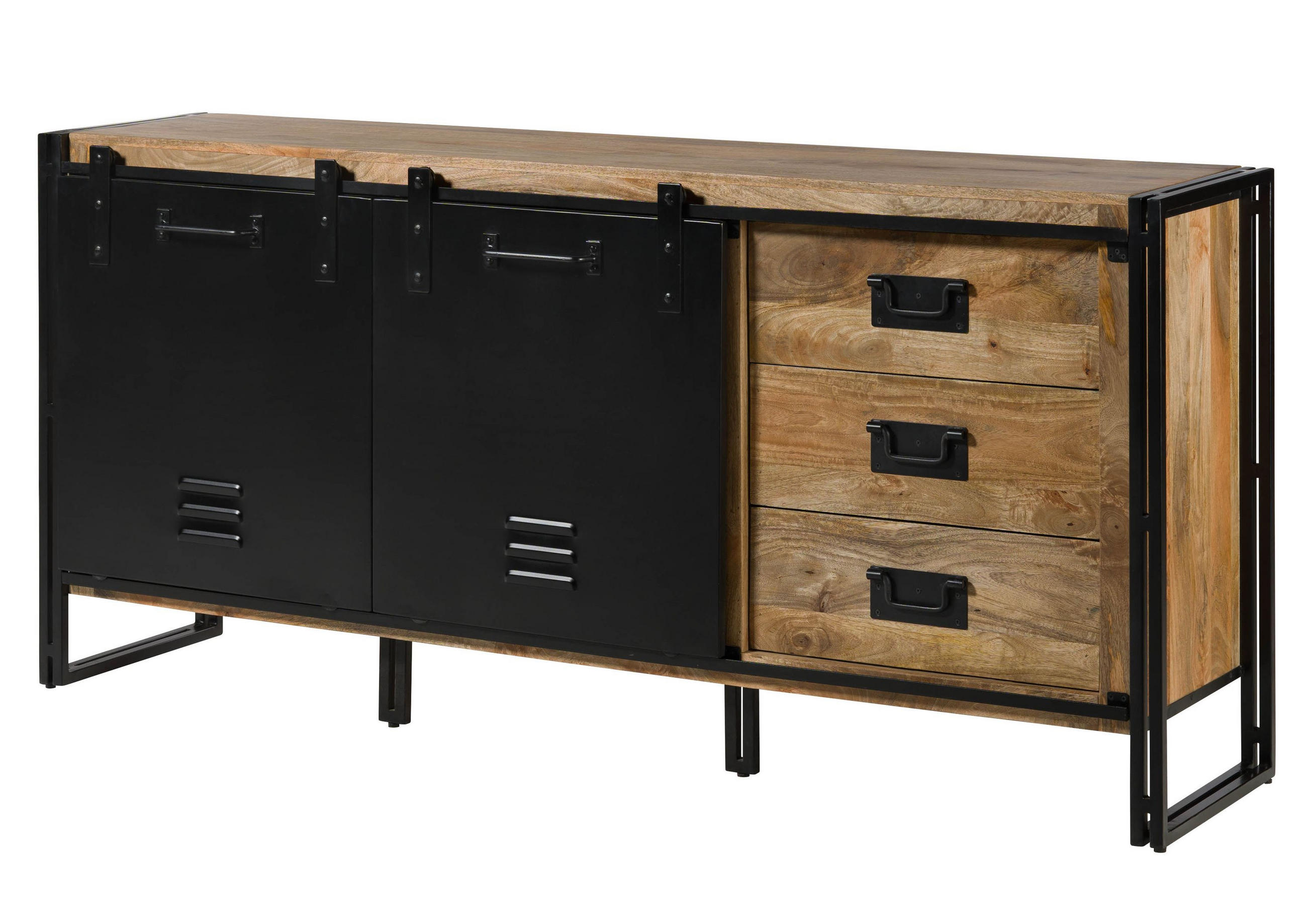 SIDEBOARD Mango 195x45x90 natur klar lackiert / Metall schwarz BLACKBURN #107 - Braun, Holz (195/90/45cm) - Massivmoebel24
