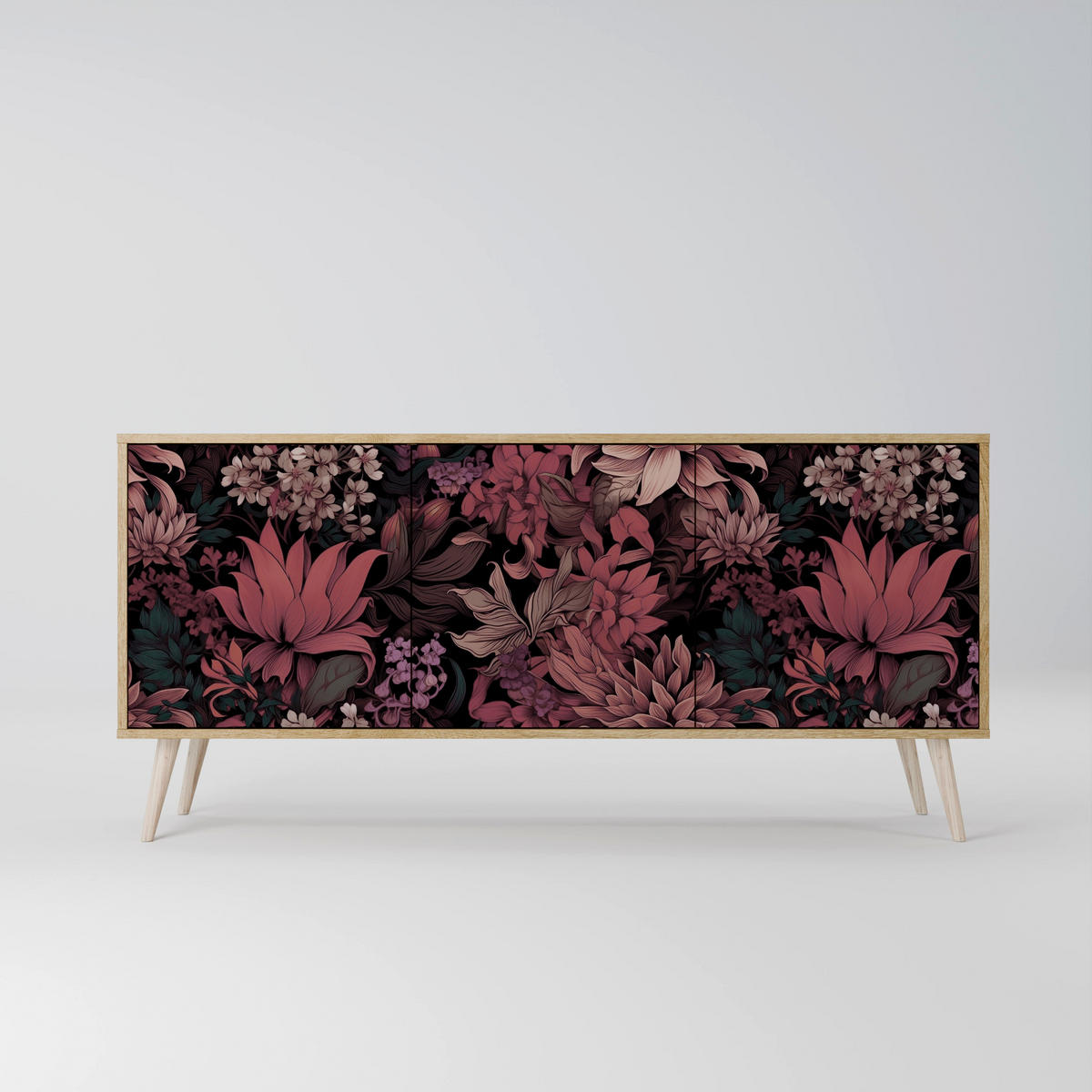 SIDEBOARD FLORAL WHISPER, Eicheneffekt, 164,5x42x77,5 cm, 3 Türen - Eichefarben/Buchefarben, Holzwerkstoff/Buchenholz (164.5/77.5/42cm) - SpaceRebels